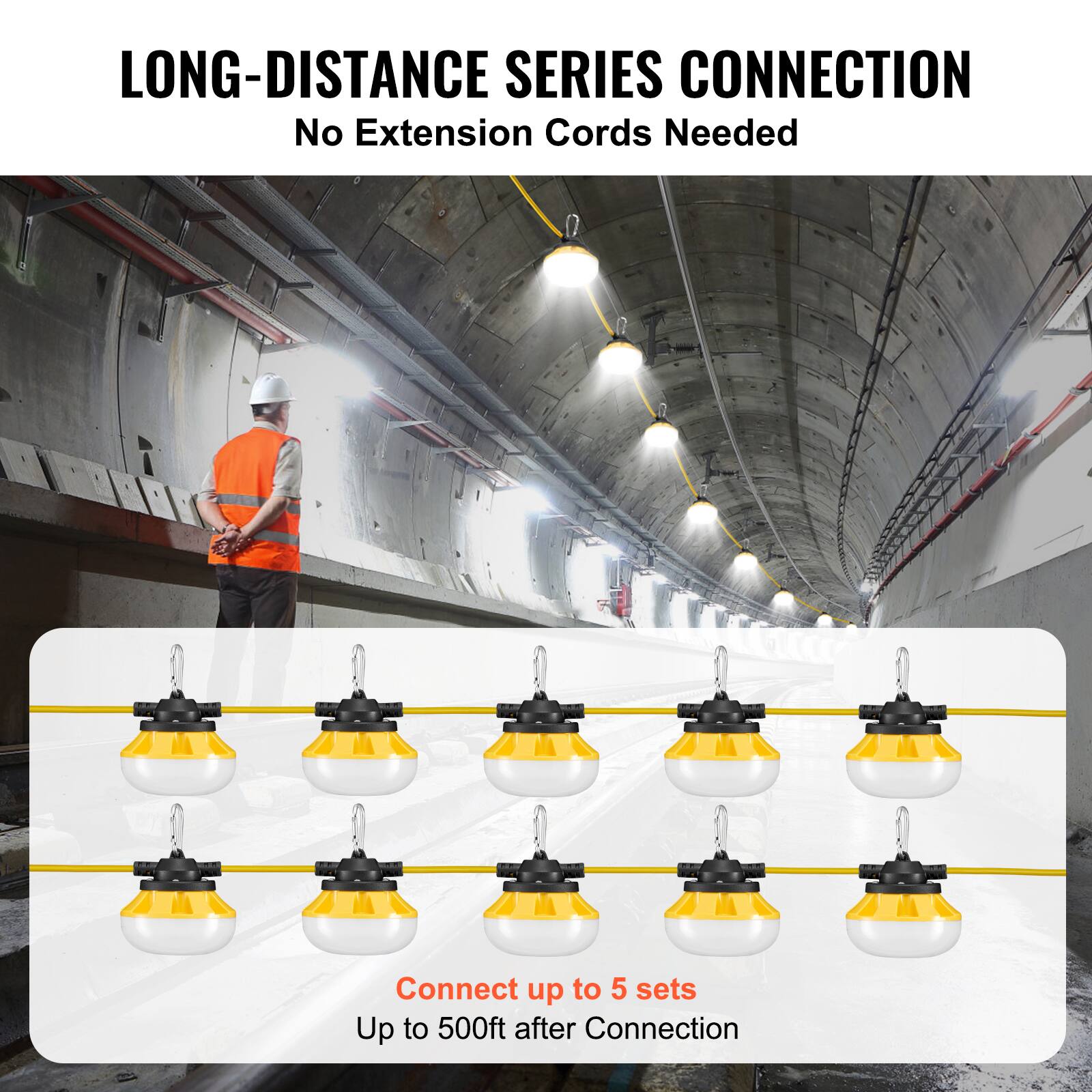 LONG-DISTANCE SERIES CONNECTION  
No Extension Cords Needed  

Connect up to 5 sets  
Up to 500ft after Connection