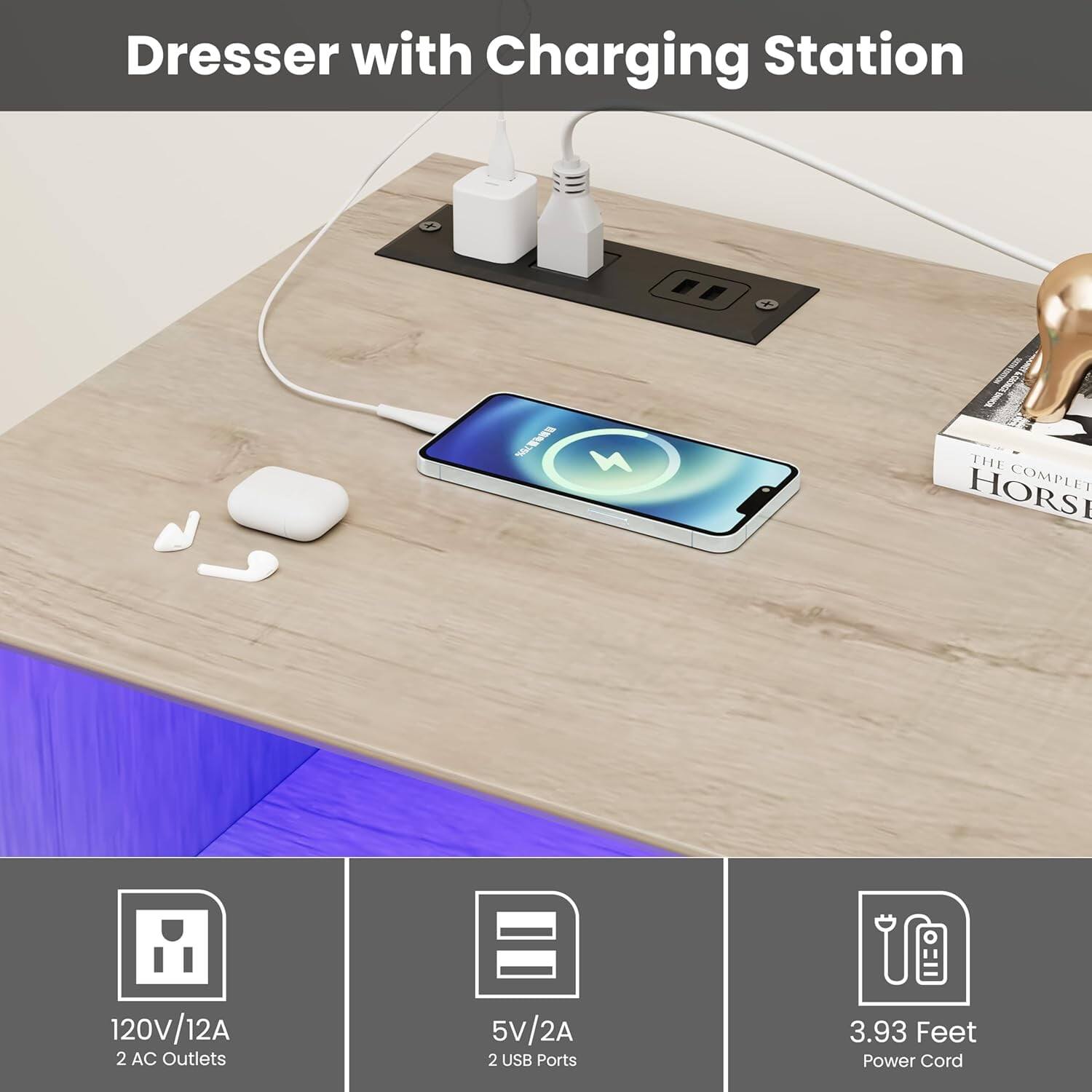 Dresser with Charging Station

- 120V/12A
- 2 AC Outlets
- 5V/2A
- 2 USB Ports
- 3.93 Feet Power Cord