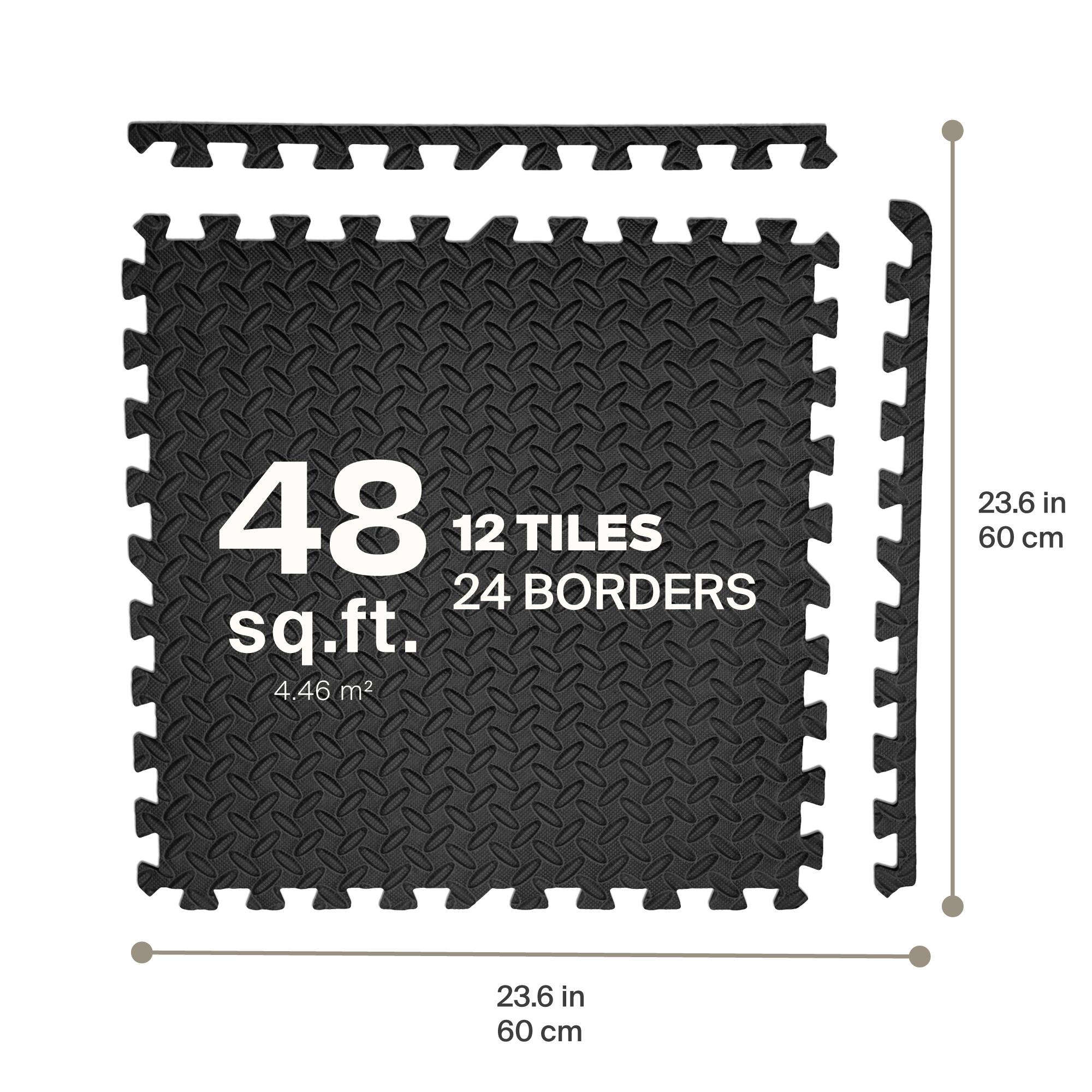 The text on the image reads: "48 12 TILES 24 BORDERS sq.ft. 4.46 m2 23.6 in 60 cm 23.6 in 60 cm." The text is grouped as follows:

1. 48 12 TILES 24 BORDERS: This is the main description of the product, indicating that it consists of 48 tiles with 24 borders.
2. sq.ft.: This is the unit of measurement for the area covered by the tiles, which is square feet.
3. 4.46 m2: This is the equivalent measurement in square meters.
4. 23.6 in 60 cm: This is the measurement of the tiles' width, which is 23.6 inches (59.9 centimeters).