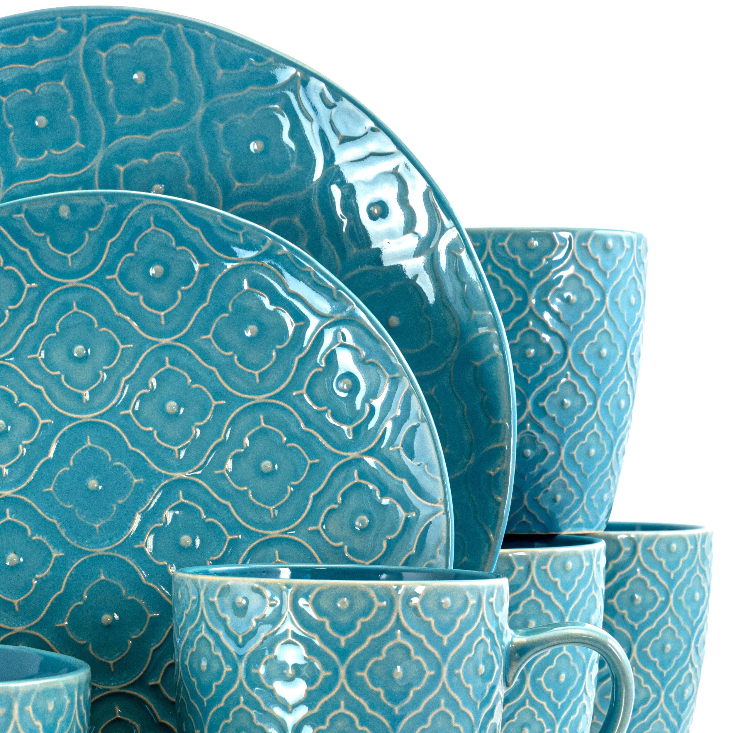 Alt View 3. Elama - Elama Aqua Lily 16 Piece Luxurious Stoneware Dinnerware with Complete Setting for 4 - Blue.