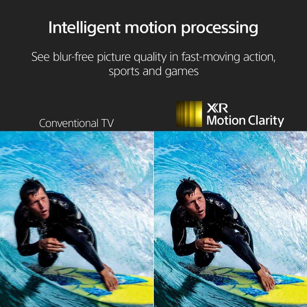 Intelligent motion processing is a feature that allows for blur-free picture quality in fast-moving action, sports, and games. This technology is available on Conventional TV and XR Motion Clarity.