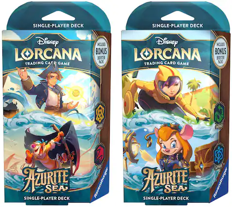The text on the image is grouped and corrected as follows:
"Disney Lorcana Trading Card Game includes bonus Lorcana Booster Pack. Play as a single player in this trading card game. The game is designed by Ravensburger and features characters from the Disney universe. The game comes with two single-player decks, Amber Emerald and Sapphire Azurite Sea."