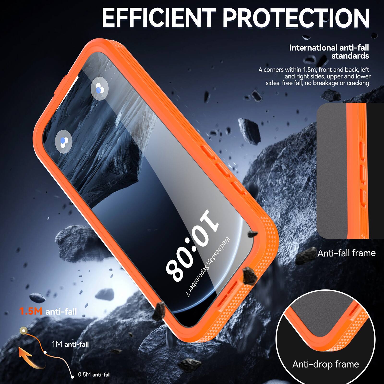 EFFICIENT PROTECTION  
International anti-fall standards  
4 corners within 1.5m, front and back, left and right sides, upper and lower sides, free fall, no breakage or cracking.  
1.5M anti-fall  
1M anti-fall  
0.5M anti-fall  
Anti-fall frame  
Anti-drop frame