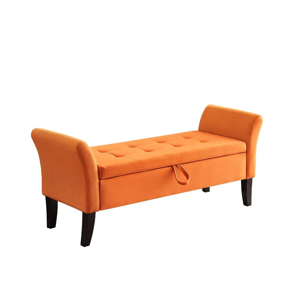 Alt View 4. Ropilly - Ropilly 51.5" Tufted Orange Velvet Storage Bench, Upholstered End of Bed Ottoman with Curved Arms for Bedroom & Entryway - Orange.