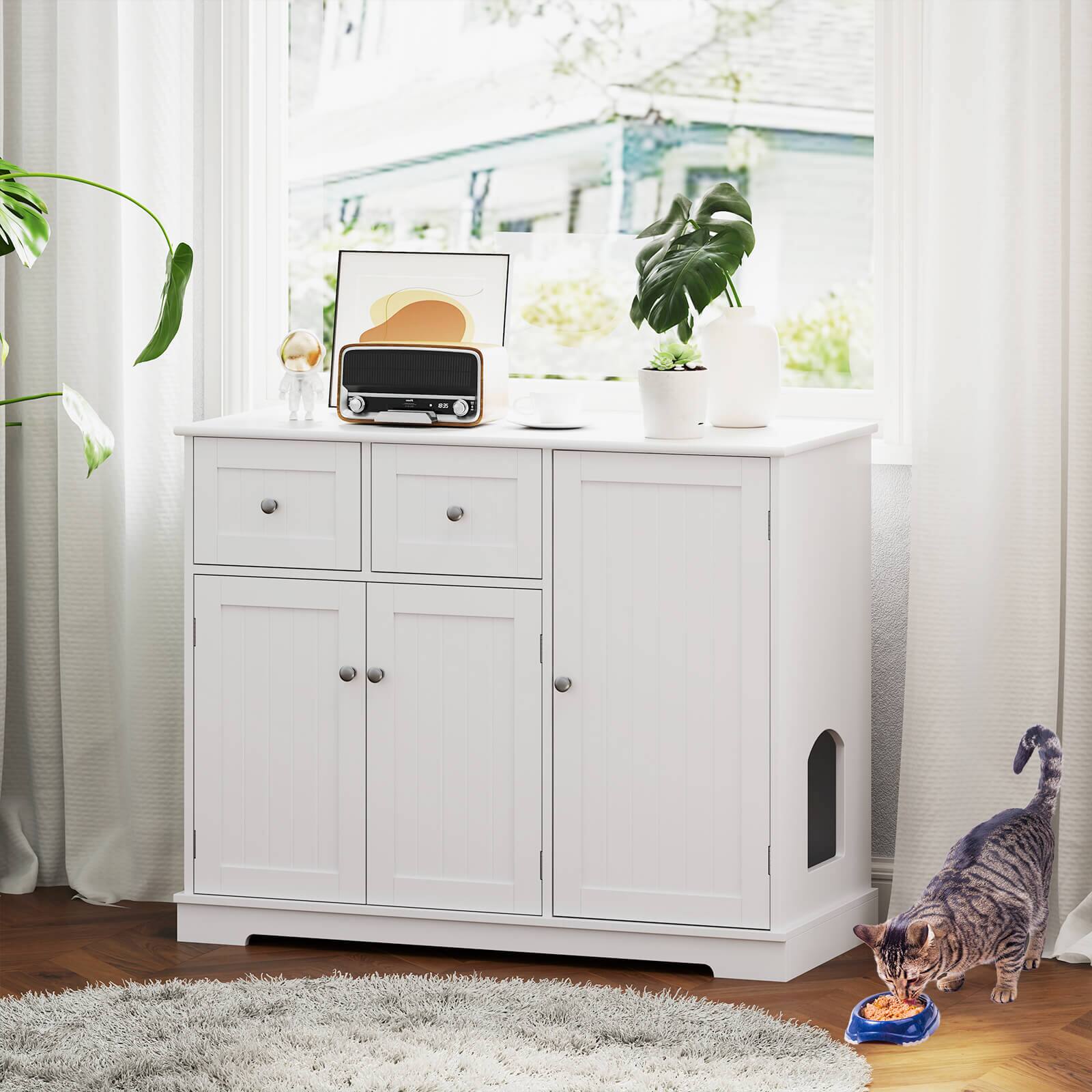 Alt View 1. Costway - Costway Cat Litter Box Enclosure with 2 Drawers 3 Doors Anti-Toppling Devices Storage - White.