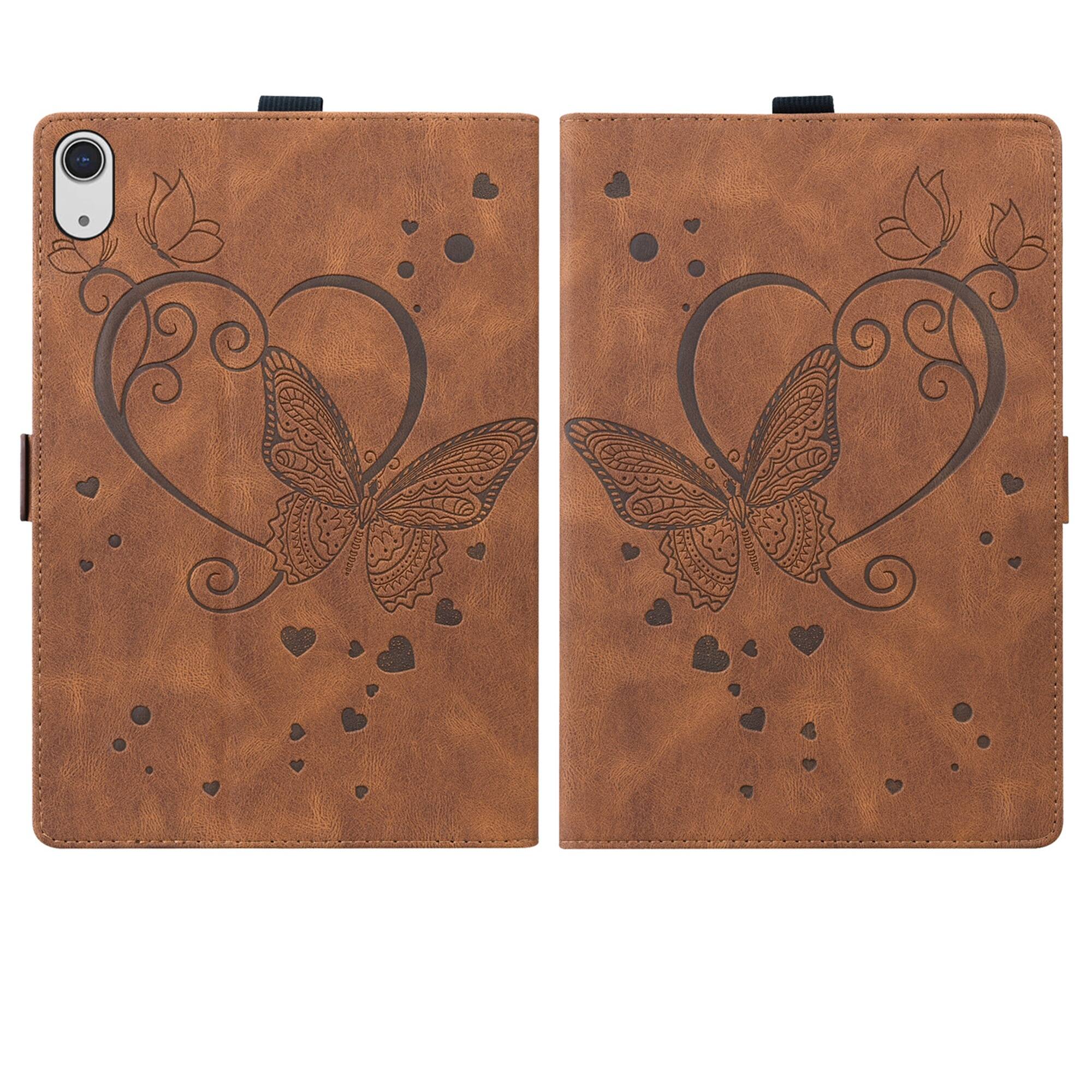Left. Dteck - For Apple iPad (A16) 11" 2025 & iPad 10th 2022 PU Leather Embossed Butterfly Folio Case+Card Holder Flip Stand Cover - Brown.