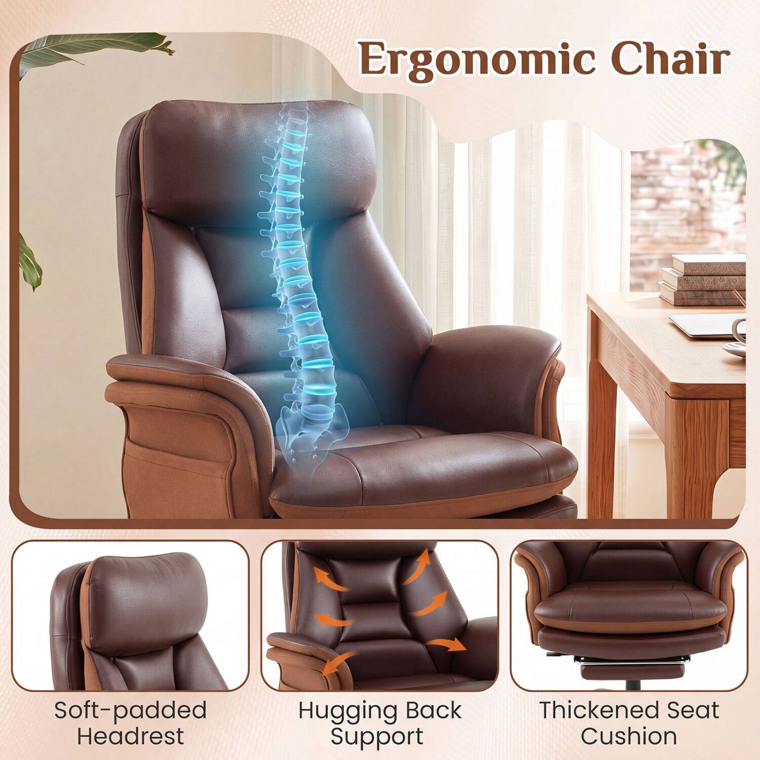 Ergonomic Chair

- Soft-padded Headrest
- Hugging Back Support
- Thickened Seat Cushion