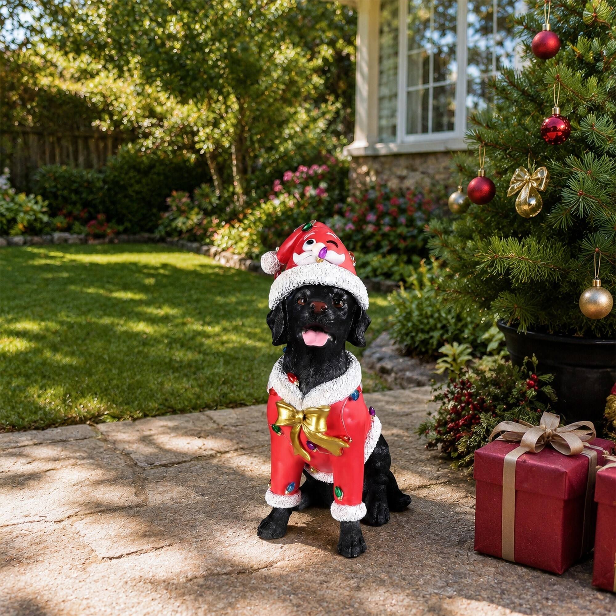 Alt View 2. RYHNUYNE - Black Labrador Retriever Christmas Statue in Santa Outfit with Holiday Accents for Festive Home Display - Black.