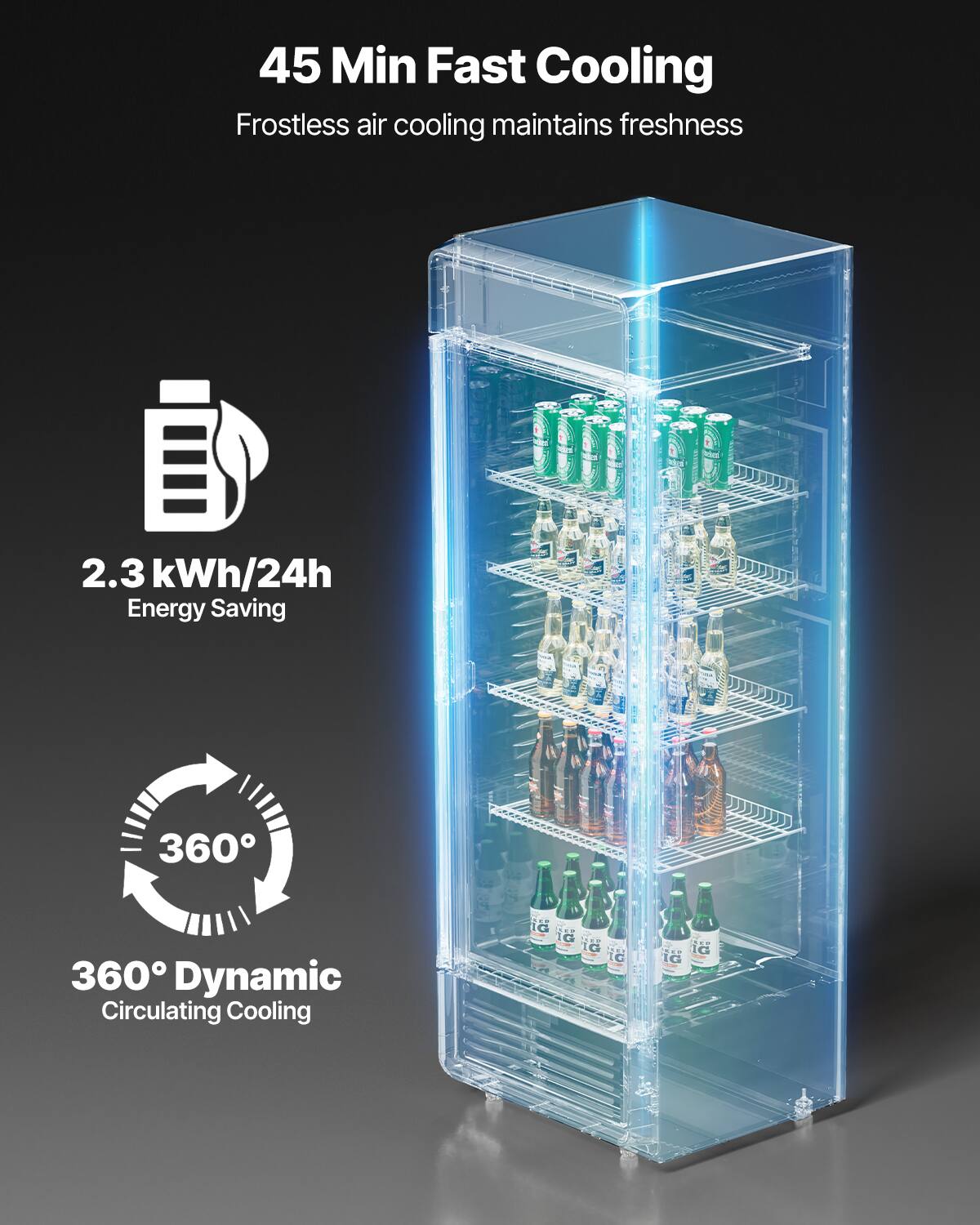 45 Min Fast Cooling Frostless air cooling maintains freshness, 2.3 kWh/24h Energy Saving, 360° Dynamic Circulating Cooling.