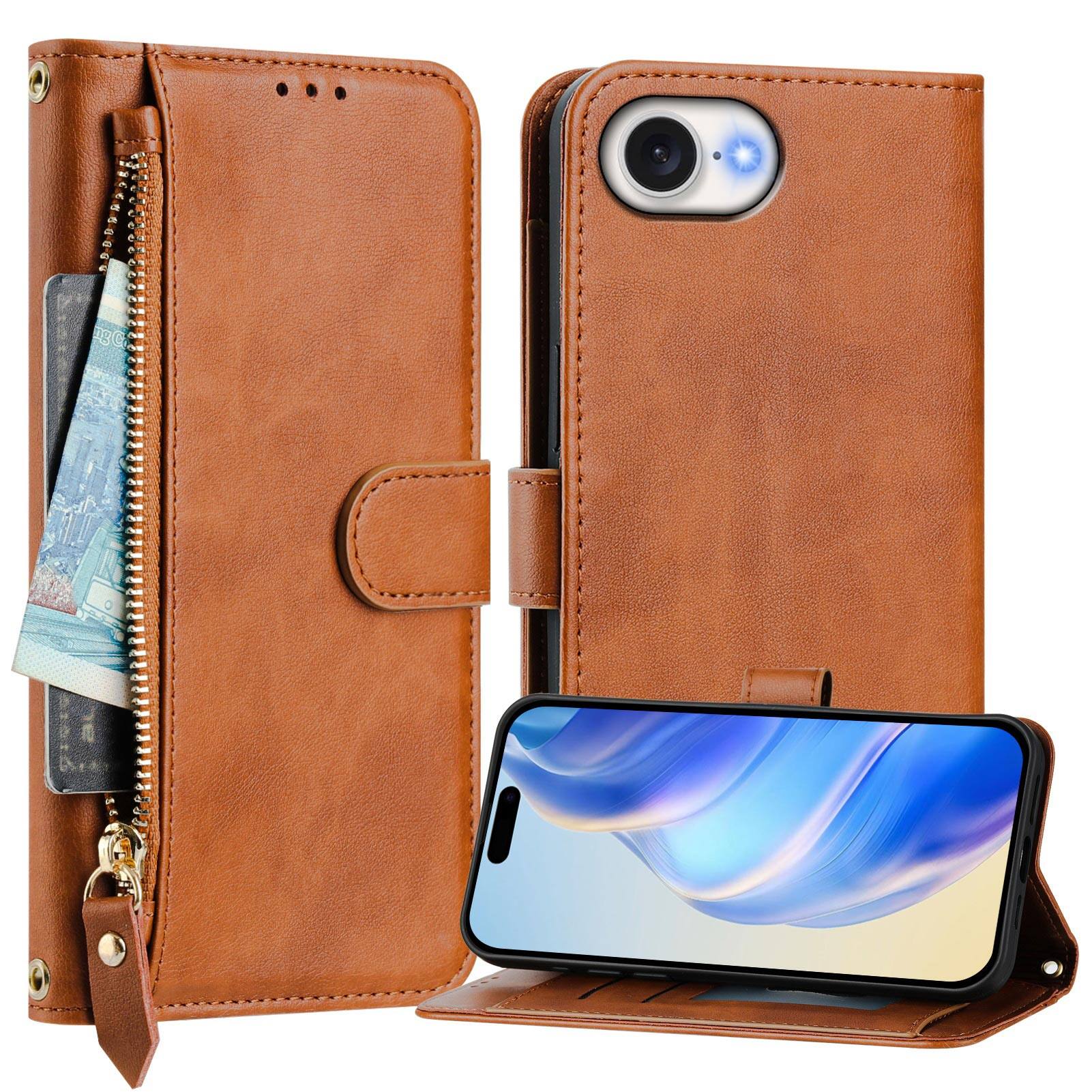 Angle. UUCOVER - Zipper Wallet Case for iPhone 17e / iPhone 16e Magnetic PU Leather Card Slots Stand Cover with Shoulder / Wrist Strap - Brown.