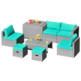Gymax - 8PCS Rattan Patio Space-Saving Furniture Set w/ Waterproof Cover & Cushions - Turquoise