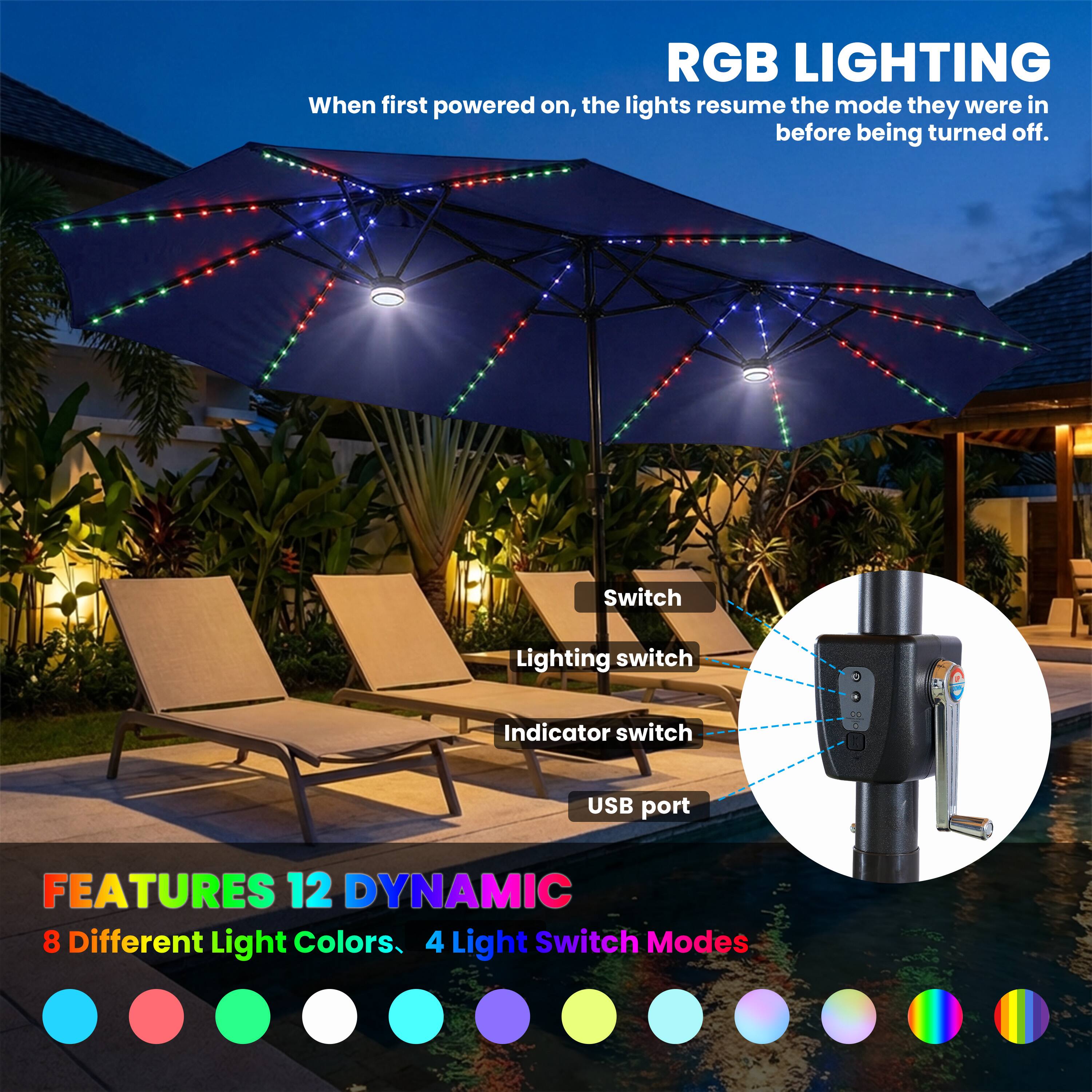 RGB LIGHTING  
When first powered on, the lights resume the mode they were in before being turned off.

FEATURES  
12 DYNAMIC  
8 Different Light Colors  
4 Light Switch Modes

Switch  
Lighting switch  
Indicator switch  
USB port