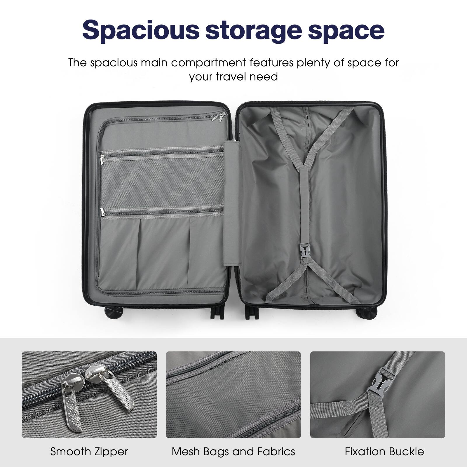 Spacious storage space

The spacious main compartment features plenty of space for your travel need

- Smooth Zipper
- Mesh Bags and Fabrics
- Fixation Buckle