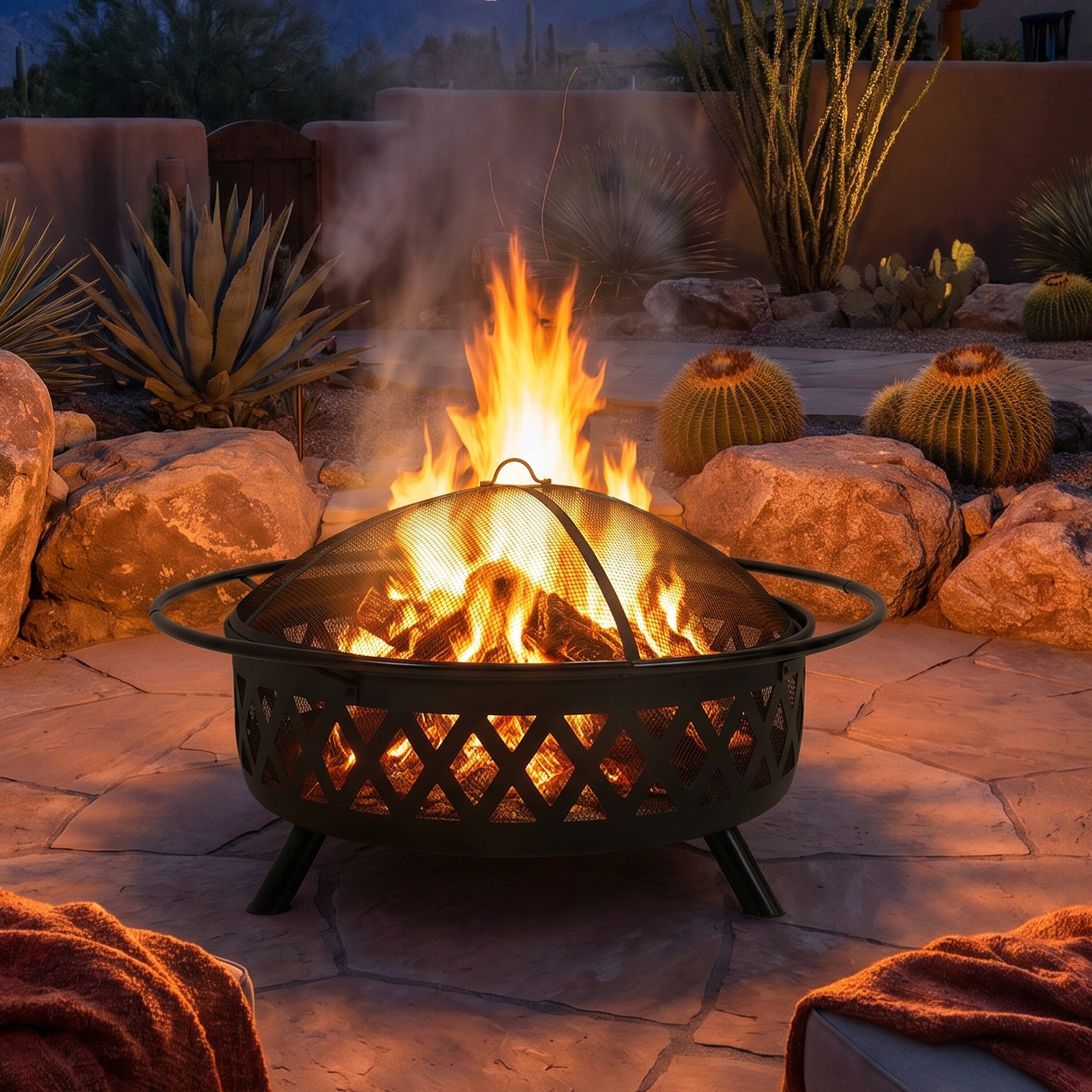 Alt View 2. Sunnydaze - 42 in Crossweave Steel Fire Pit with Screen, Poker, and Cover - Black.