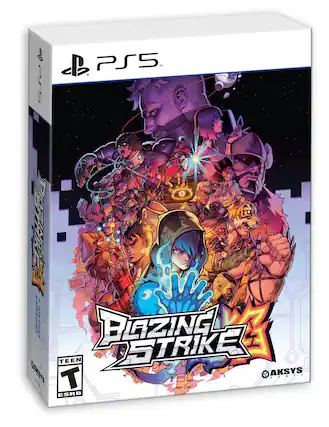 The text on the image reads: "BlazBlue: Strike 3 PS5 - PlayStation 5 - Asys - Mature - Rated E10+". - T (Teen 13+)