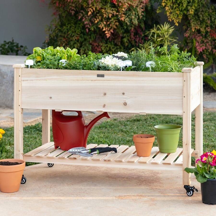 Angle. SlickBlue - Solid Wood Raised Mobile Garden Planter with Locking Wheels, Elevated Planter - Natural.