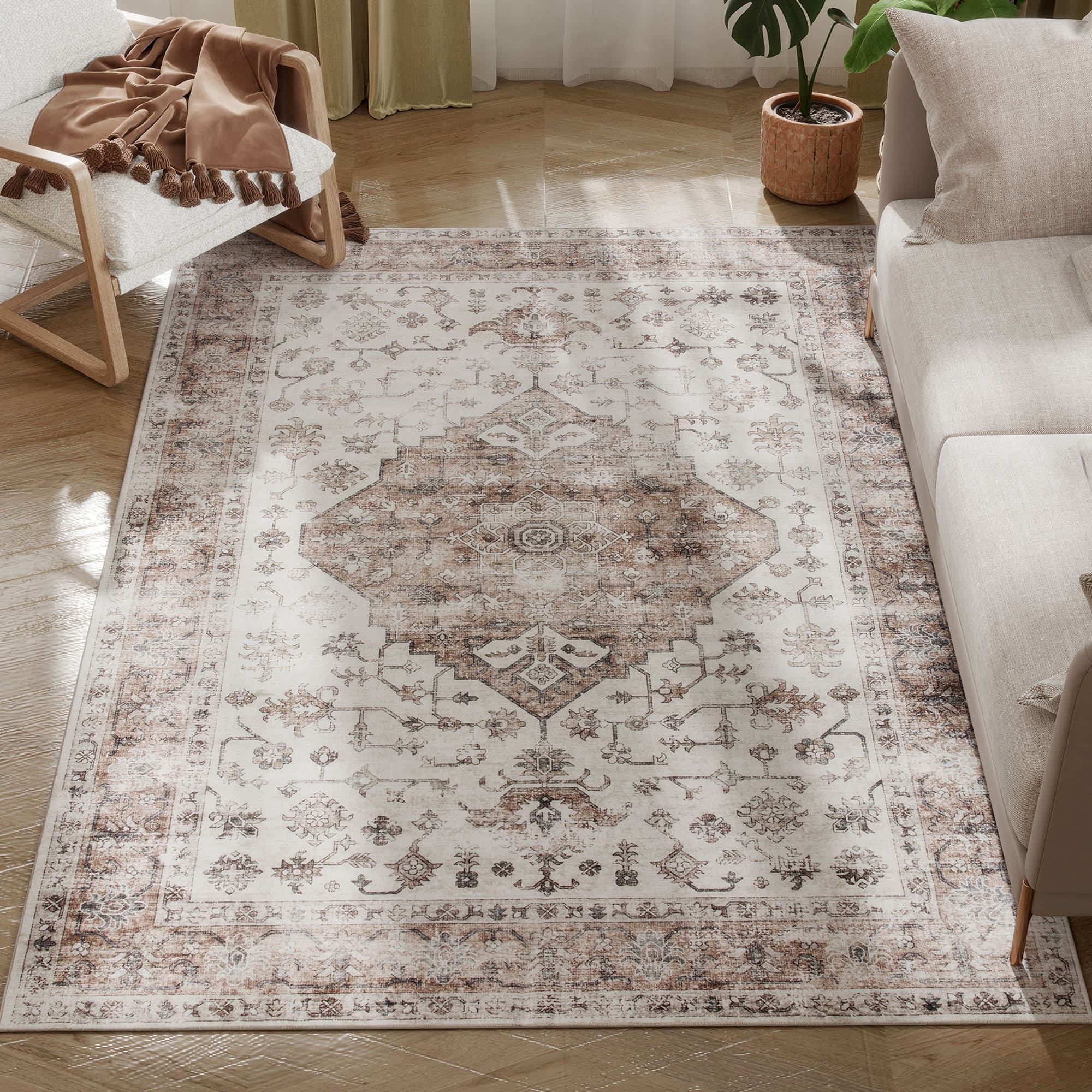 Homcom - 4x6 Rug: Vintage Mach-Wash Non-Slip Distress Indoor Carpet, Living Room Area - Tan