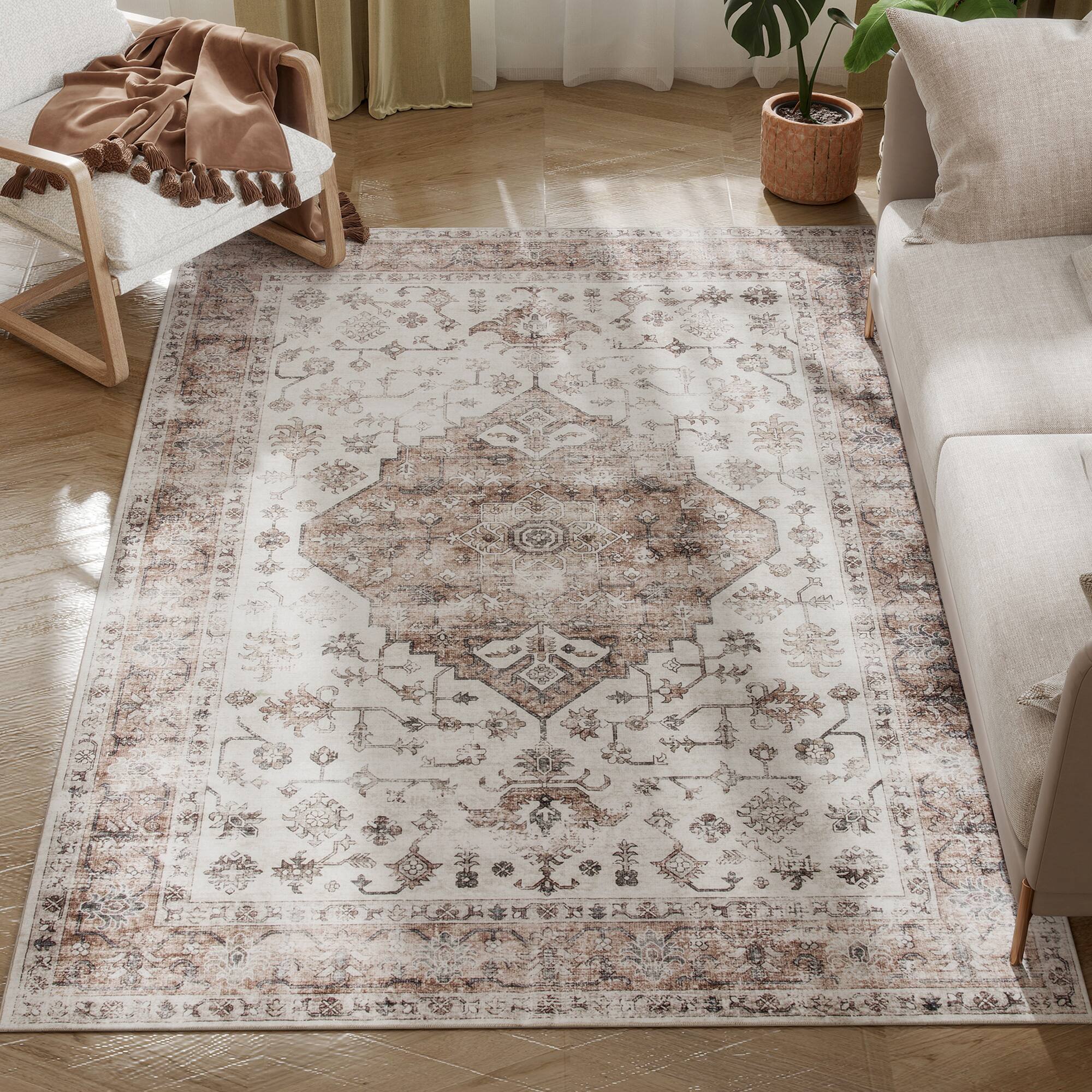 Front. Homcom - HOMCOM 4x6 Tan Rug: Vintage Mach-Wash Non-Slip Distress Indoor Carpet, Living Room Area - Tan.