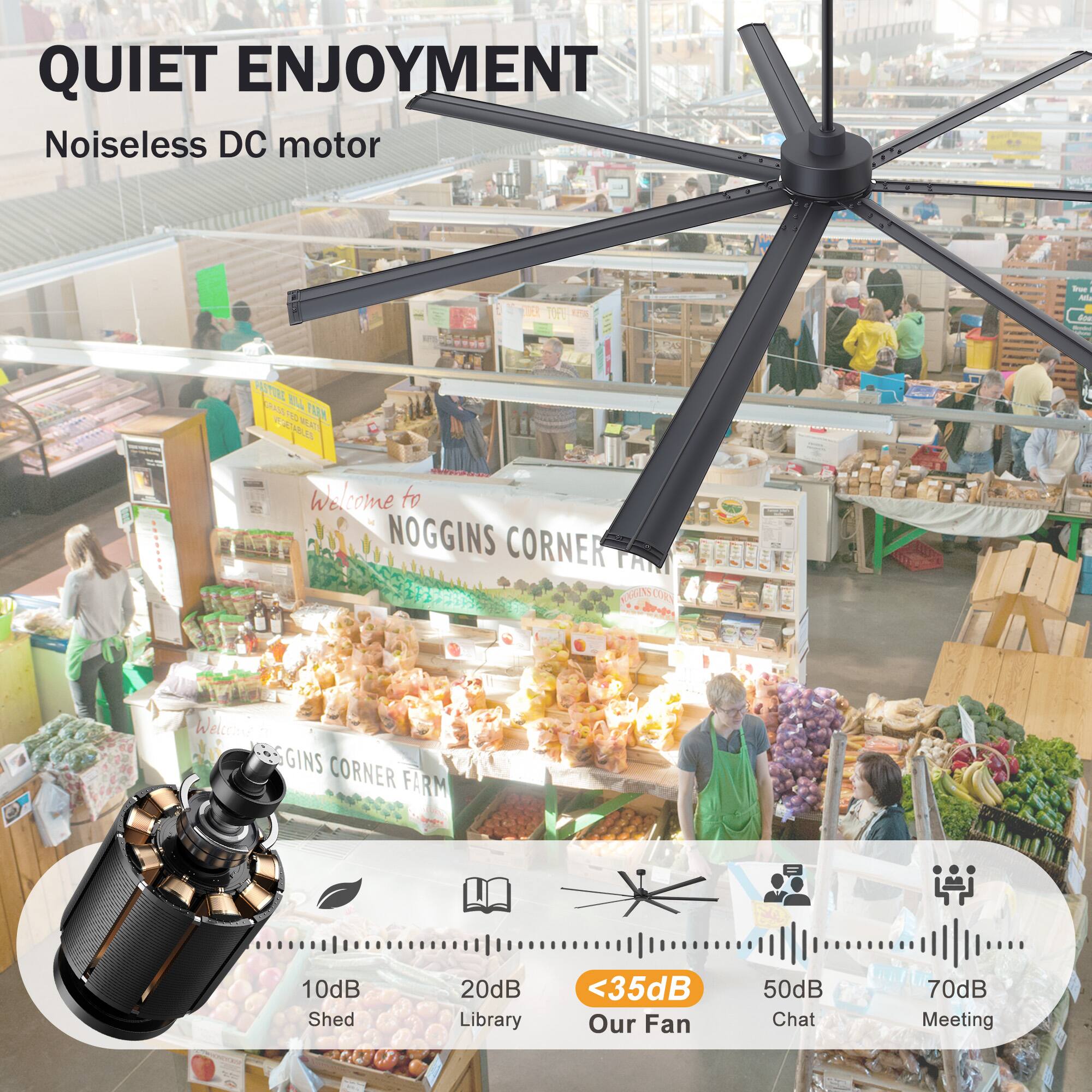 QUIET ENJOYMENT  
Noiseless DC motor  

Welcome to NOGGINS CORNER  
NOGGINS CORNER FARM  

10dB Shed  
20dB Library  
<35dB Our Fan  
50dB Chat  
70dB Meeting