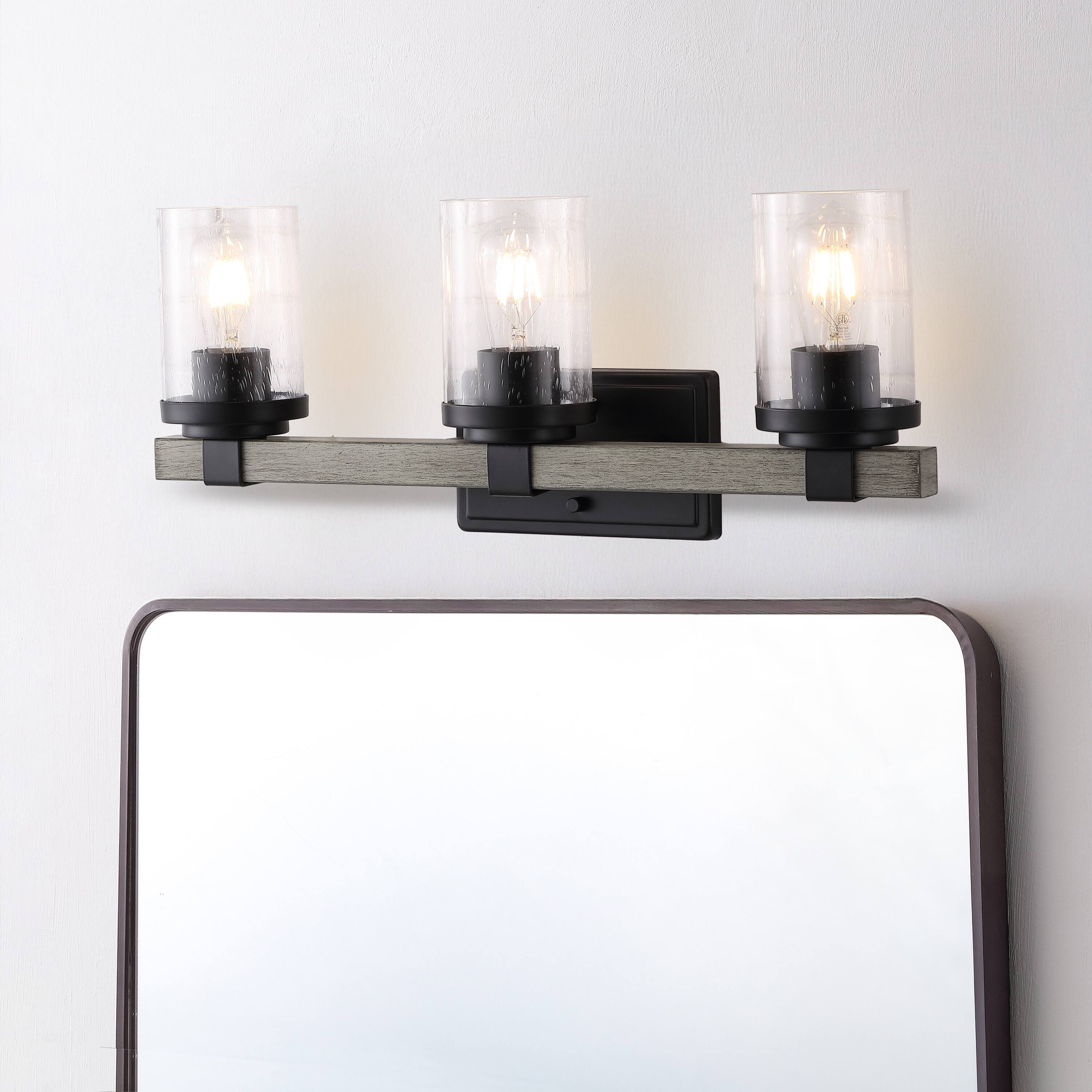 Alt View 1. Jonathan Y - Bungalow 22.75" 3-Light Iron/Seeded Glass Rustic Farmhouse LED Vanity Light, Black/Gray Oak Wood Finish - Black/Gray Oak Wood Finish.