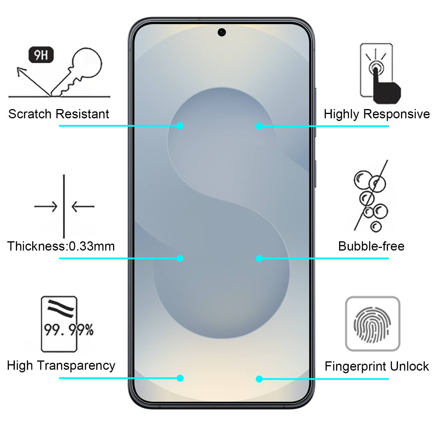 9H Scratch Resistant  
Highly Responsive  
Thickness: 0.33mm  
Bubble-free  
99.99% High Transparency  
Fingerprint Unlock