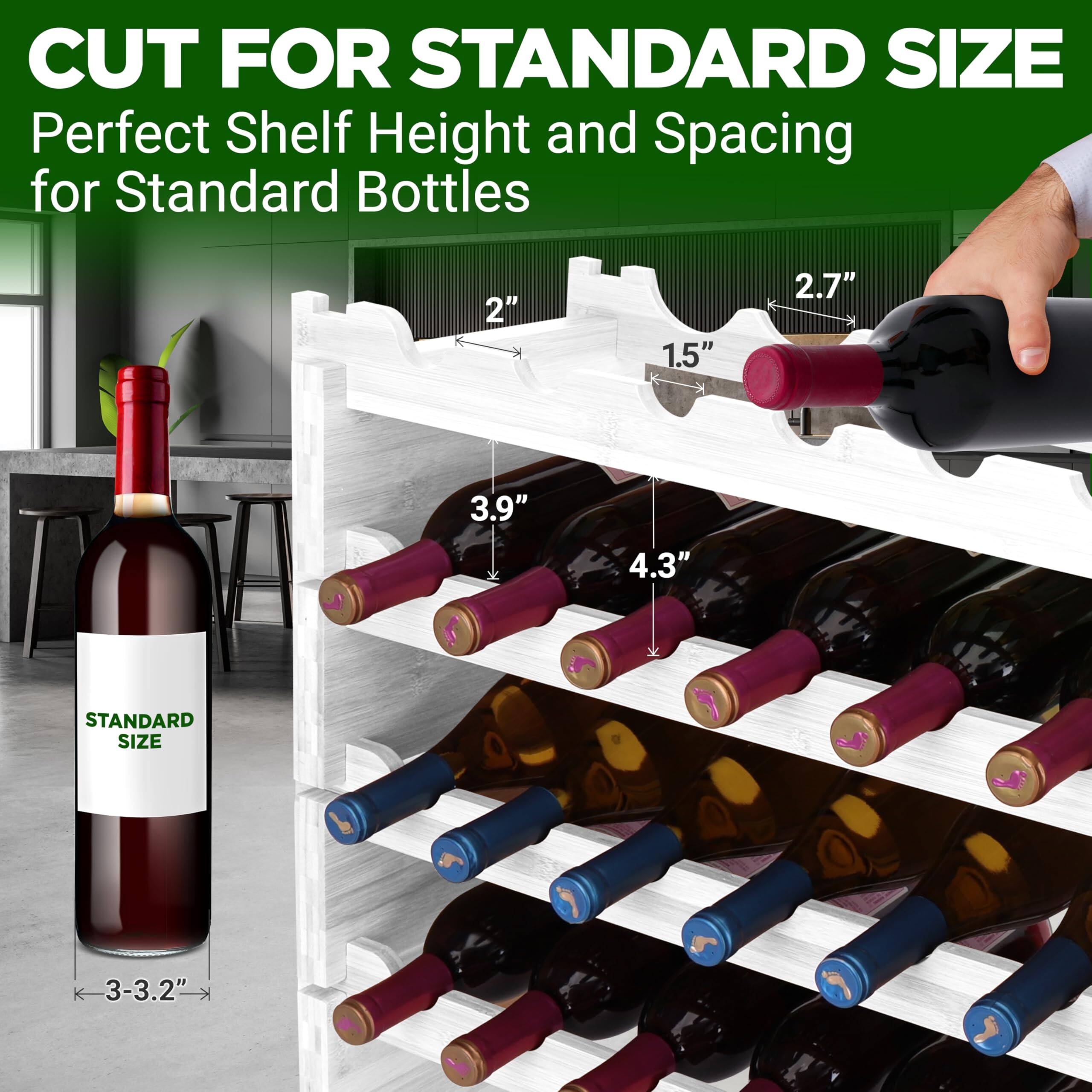 CUT FOR STANDARD SIZE  
Perfect Shelf Height and Spacing for Standard Bottles  

2"  
1.5"  
2.7"  
3.9"  
4.3"  

STANDARD SIZE  
3-3.2"