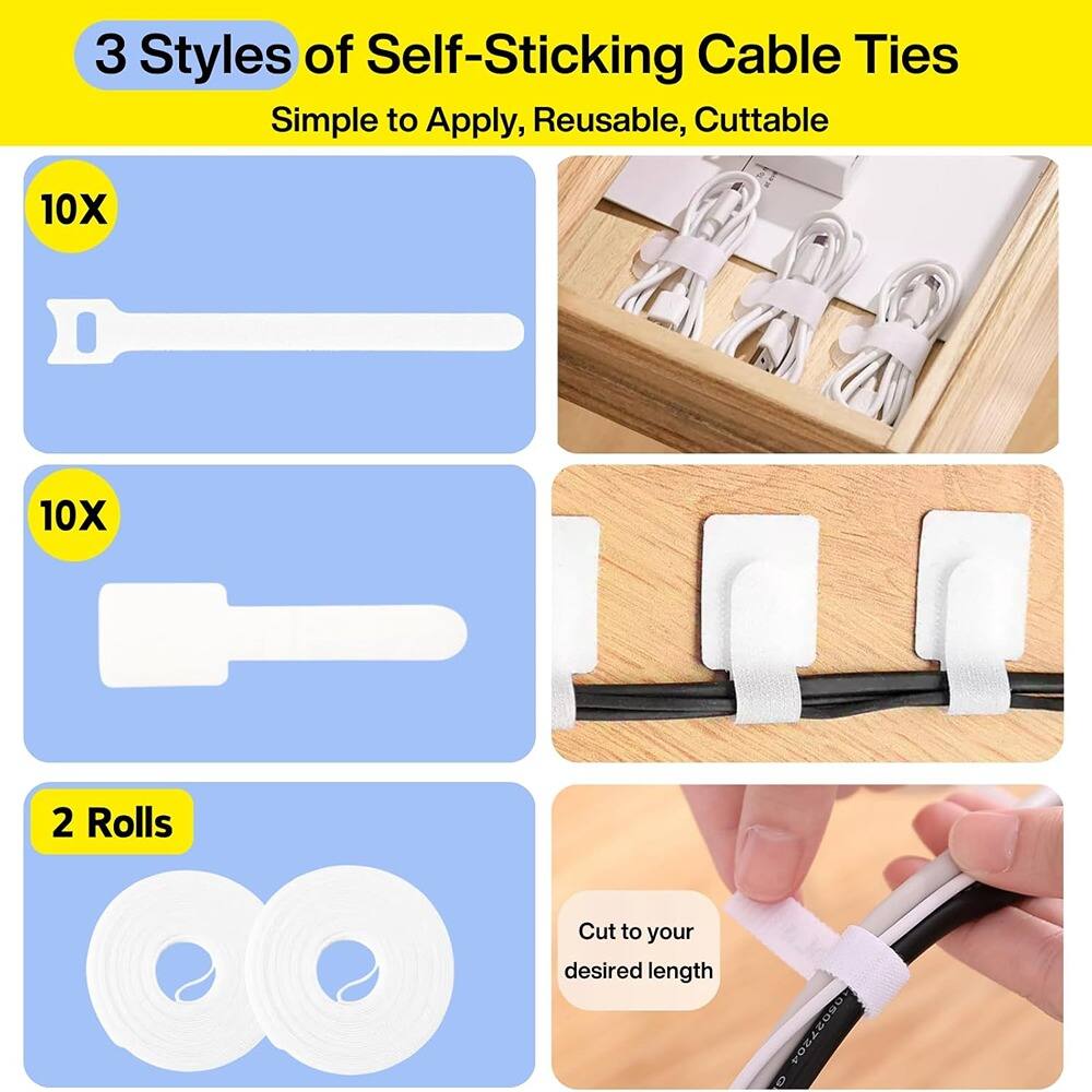 3 Styles of Self-Sticking Cable Ties  
Simple to Apply, Reusable, Cuttable  

10X  
10X  
2 Rolls  

Cut to your desired length