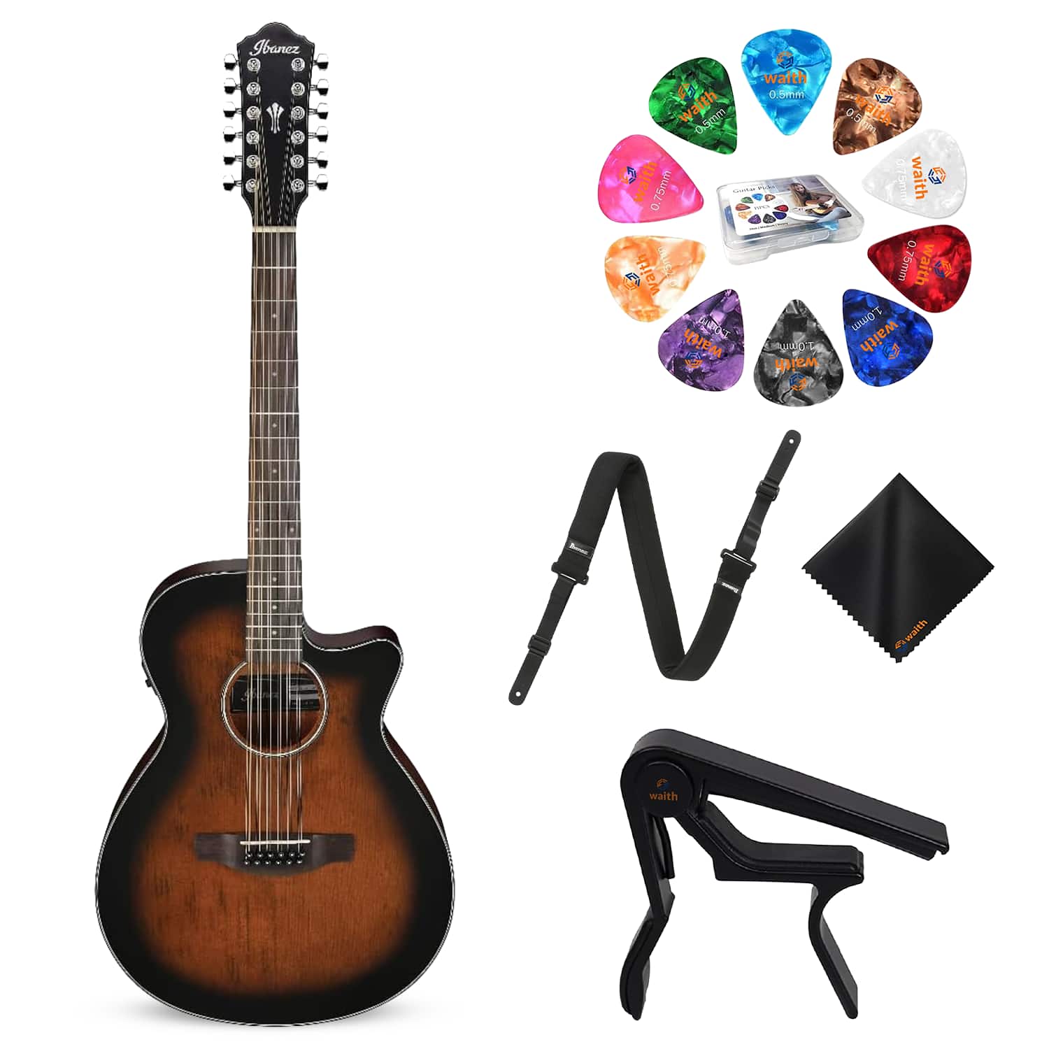 Ibanez - AEG5012 Acoustic Electric Guitar, Powerpad Strap,Capo,15 Guitar Pick, Kit