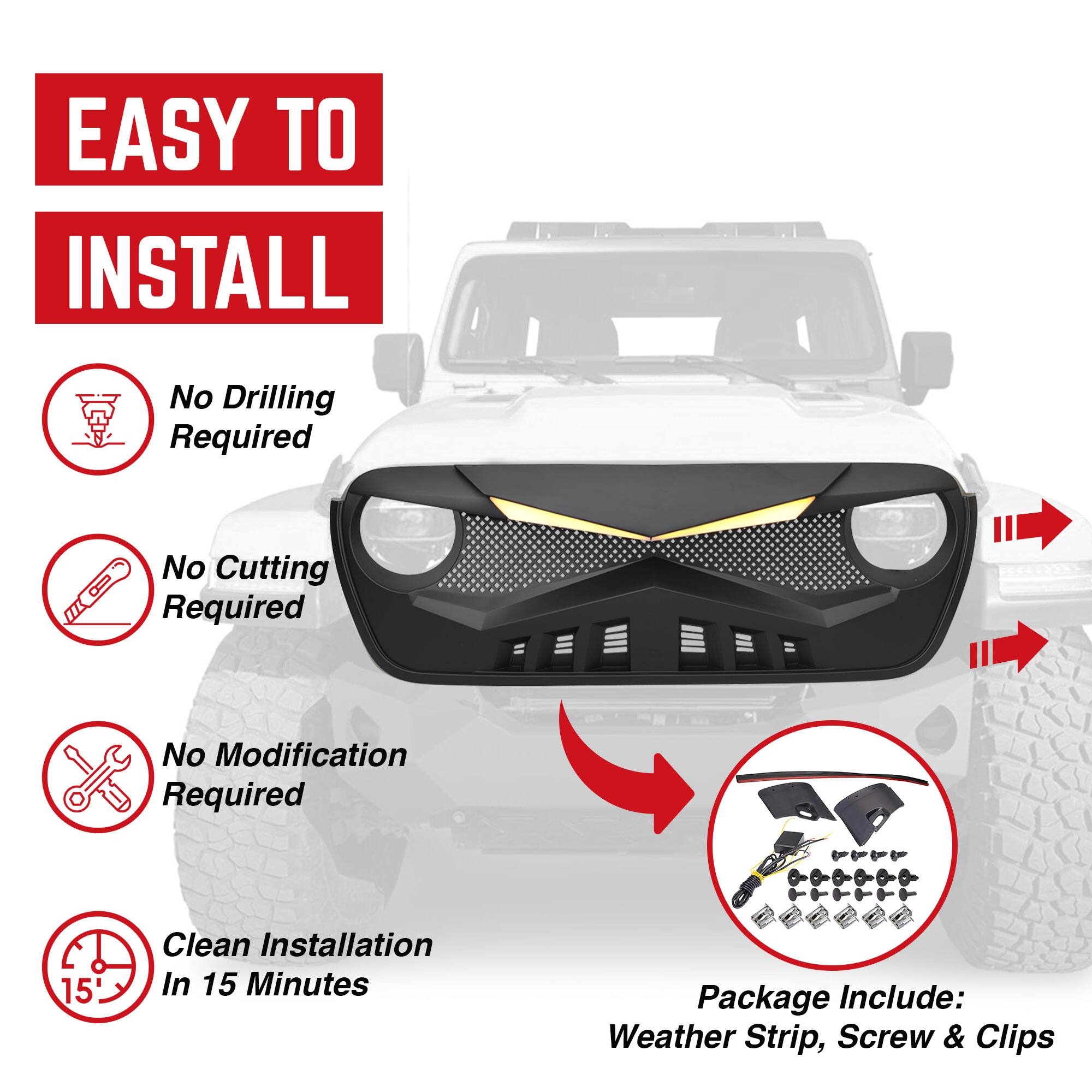 EASY TO INSTALL

- No Drilling Required
- No Cutting Required
- No Modification Required
- Clean Installation In 15 Minutes

Package Include: Weather Strip, Screw & Clips