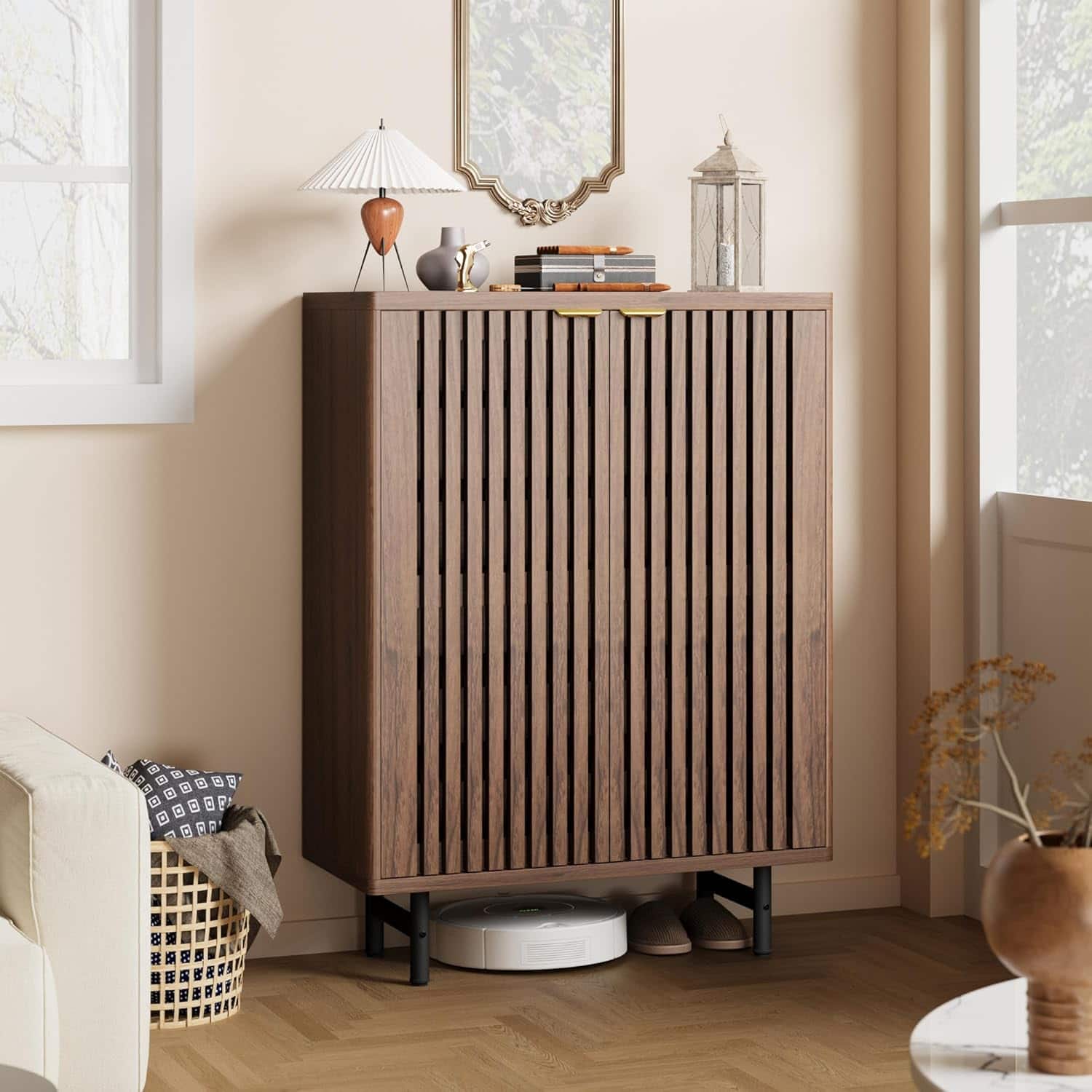 Jojoka - 6-Tier Shoe Cabinet with Shutter Doors, Modern Farmhouse Entryway Hallway Furniture, Hidden Storage Cabine,Dark Walnut - Brown