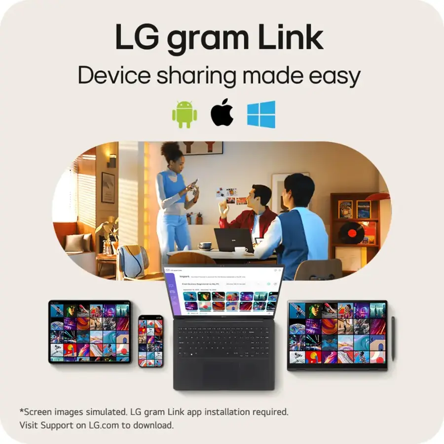 LG gram Link Device sharing made easy | Screen images simulated. LG gram Link app installation required. Visit Support on LG.com to download.