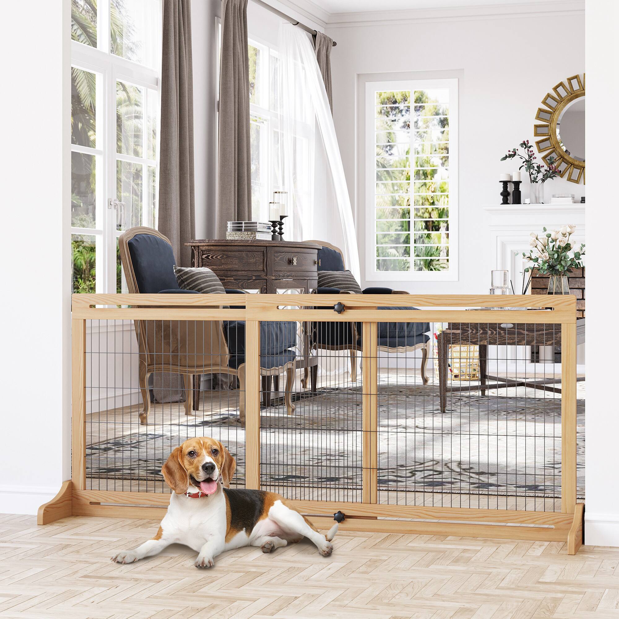 Angle. Pawhut - 72"W x 27"H Extra Wide Freestanding Pet Gate, Adjustable Length, Dog/Cat Barrier, House/Doorway/Hallway.