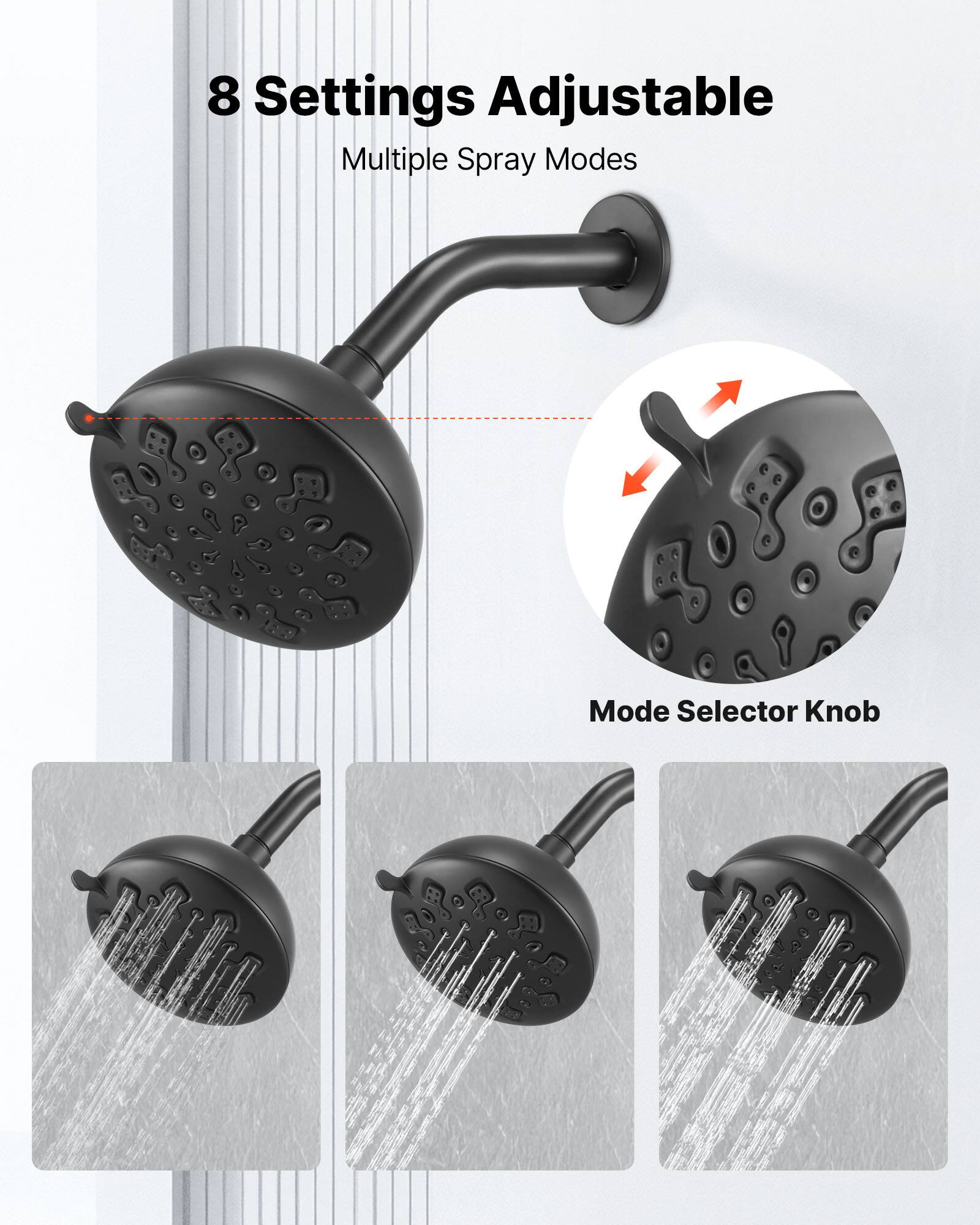 8 Settings Adjustable  
Multiple Spray Modes  

Mode Selector Knob