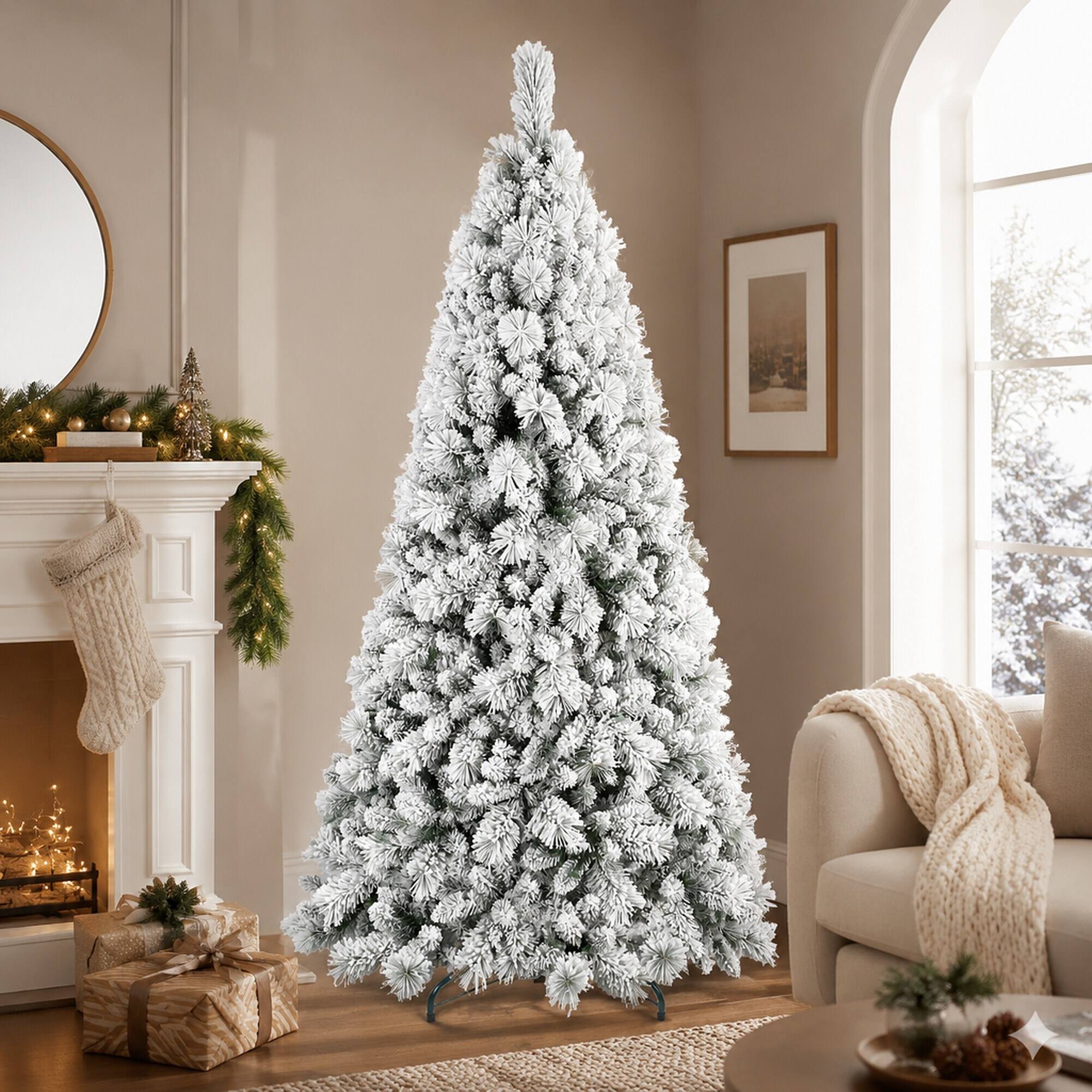 Left. RYHNUYNE - 6FT Flocked Christmas Tree, 752 Snowy PVC Hard Needle Branches Hinged Design Easy Setup Stable Metal Stand - Green,White.