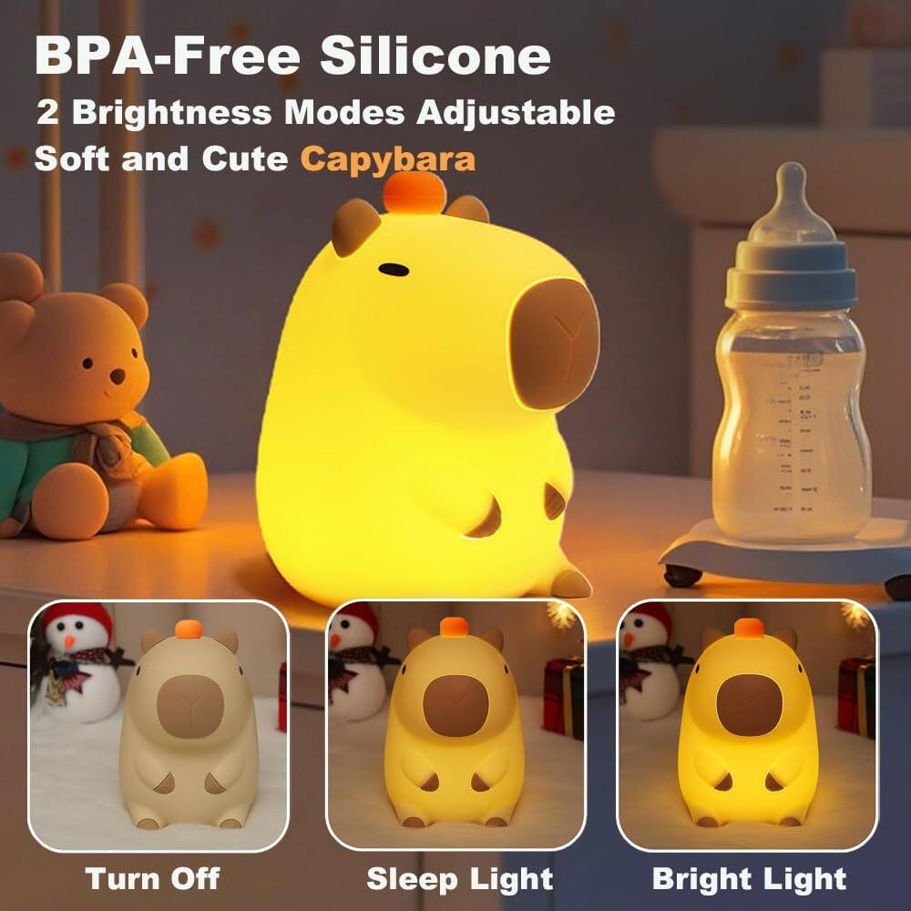 BPA-Free Silicone  
2 Brightness Modes Adjustable  
Soft and Cute Capybara  

Turn Off  
Sleep Light  
Bright Light