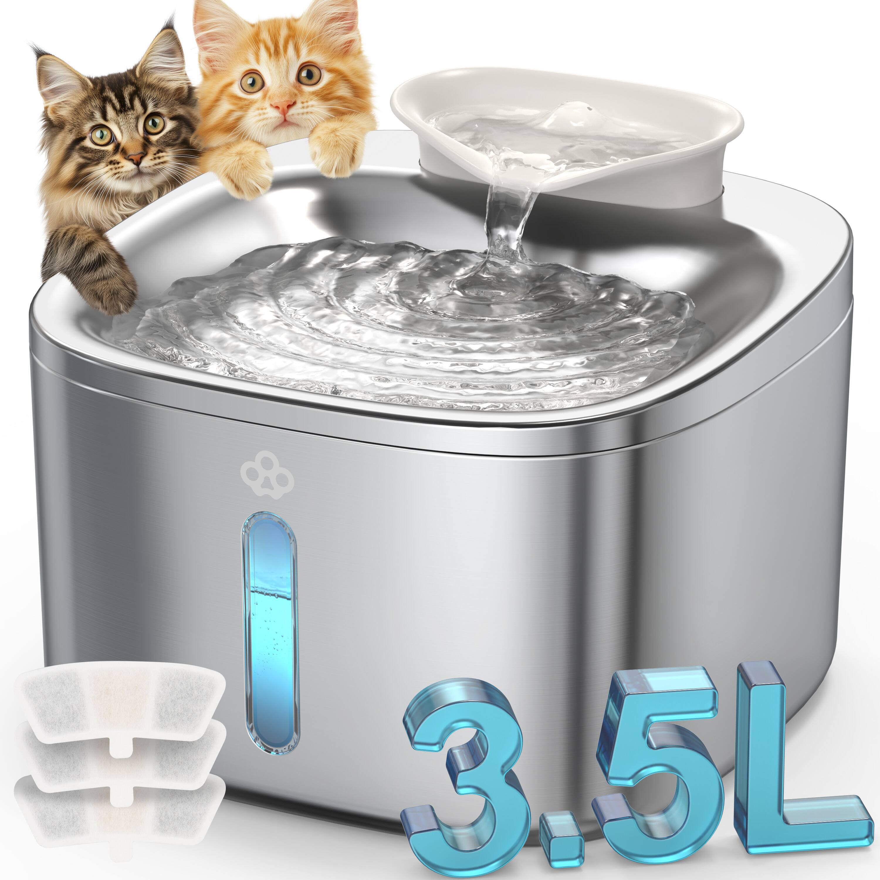 Oneisall - 3.5L 118oz Corded Automatic Cat Water Fountain Food Grade Plug-in Stainless Steel Pet Water Fountain with 3 Filters - Silver