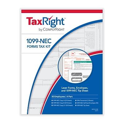 TaxRight by COMPLYRIGHT

1099-NEC FORMS TAX KIT

Laser Forms, Envelopes, and 1099-NEC Tip Sheet

50 Employees 4 Part JOWNEC Copy A (25 Sheets) 1099-NEC Copy 1099-NEC Copy 50 Sheets

10% a 1099-NEC - 1099-NEC Sheet

501 UNIT