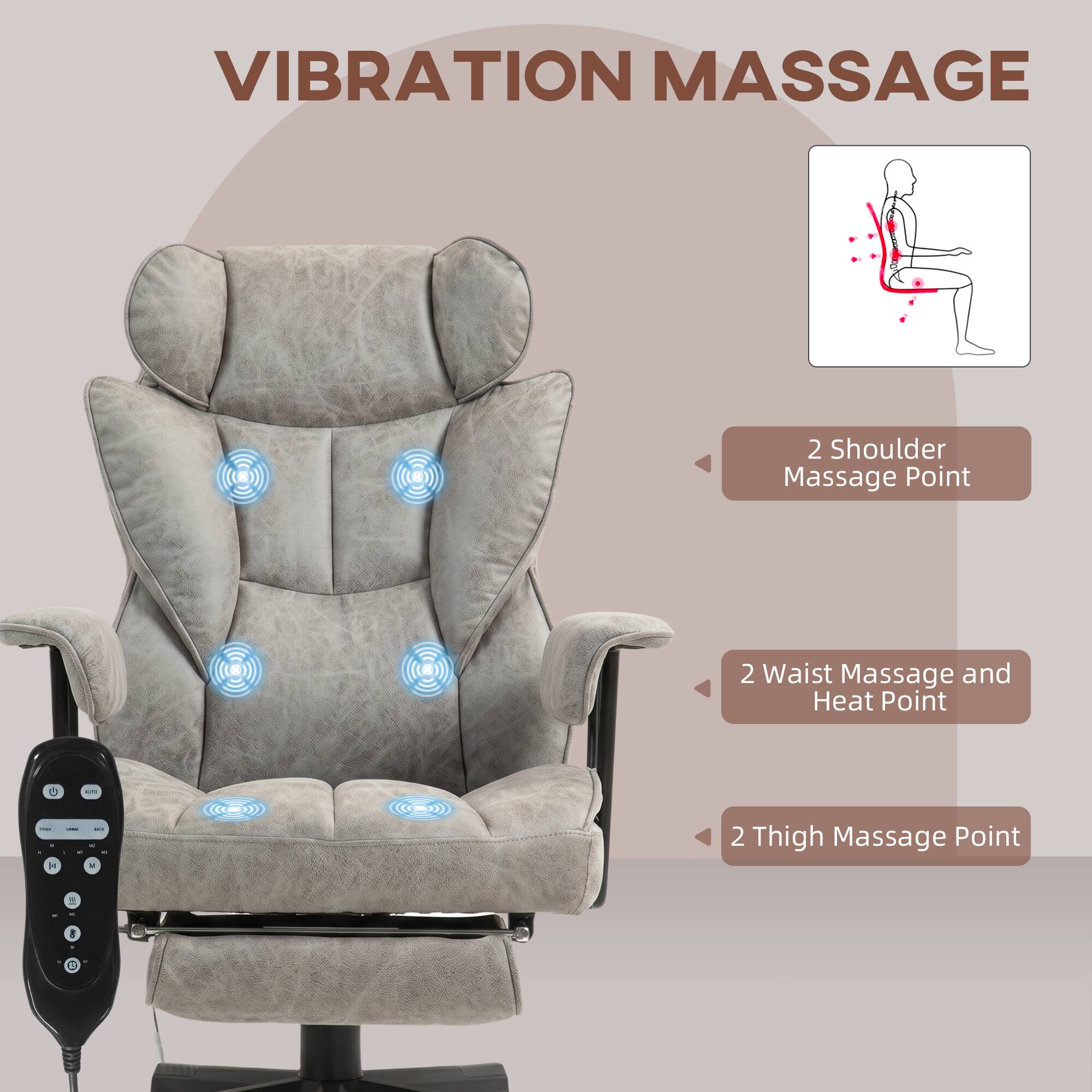 Vibration Massage

2 Shoulder Massage Point

2 Waist Massage and Heat Point

2 Thigh Massage Point