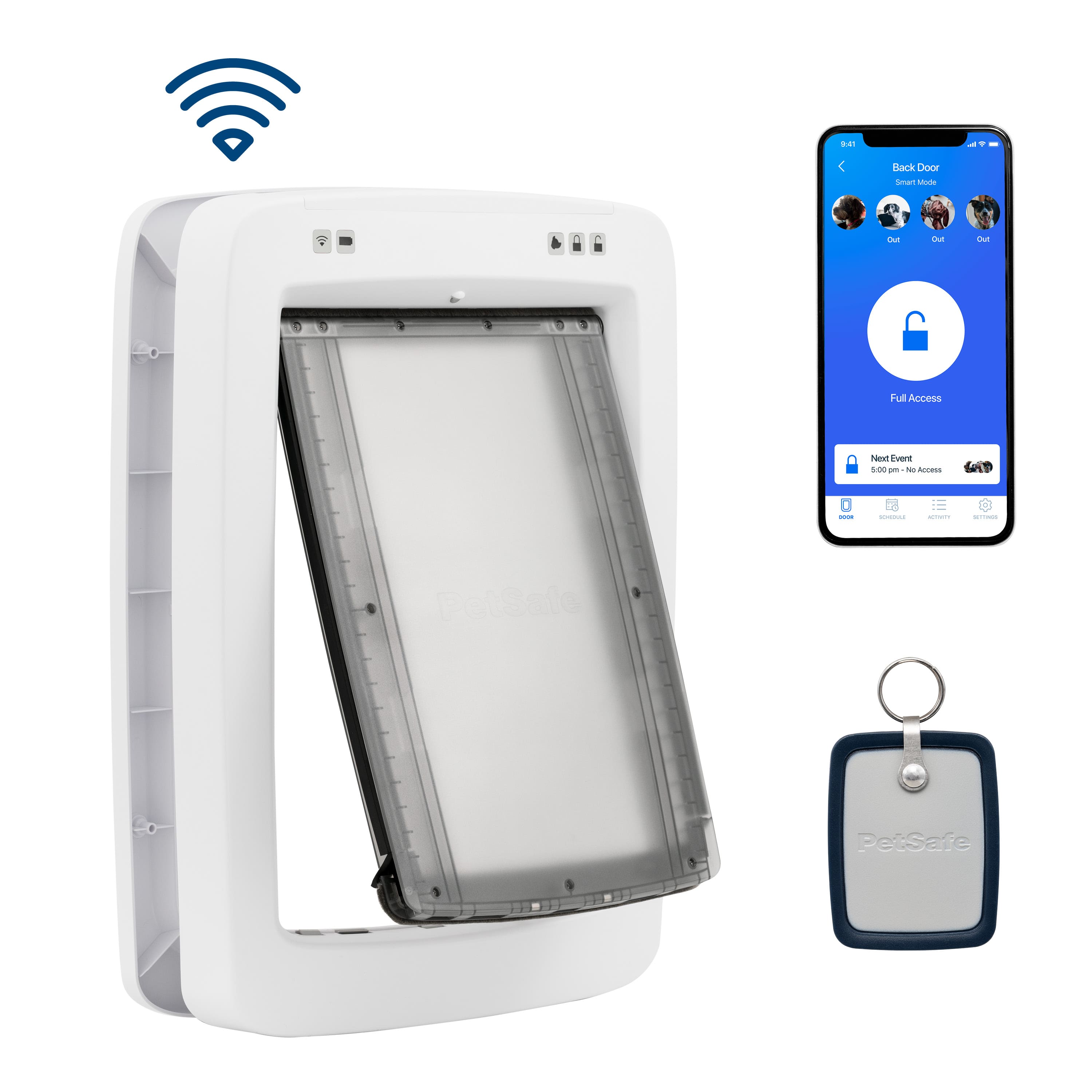 The image features a white PetSafe keypad lock, which is a secure way to access a building or room. The lock is shown in the process of being unlocked, with the keypad visible. Next to the lock, there is a smartphone, possibly displaying the lock's status or instructions for using the lock. Additionally, there is a key and a tag, which might be used for identification or access purposes. The image also includes a cell phone, which could be used for communication or to control the lock remotely.