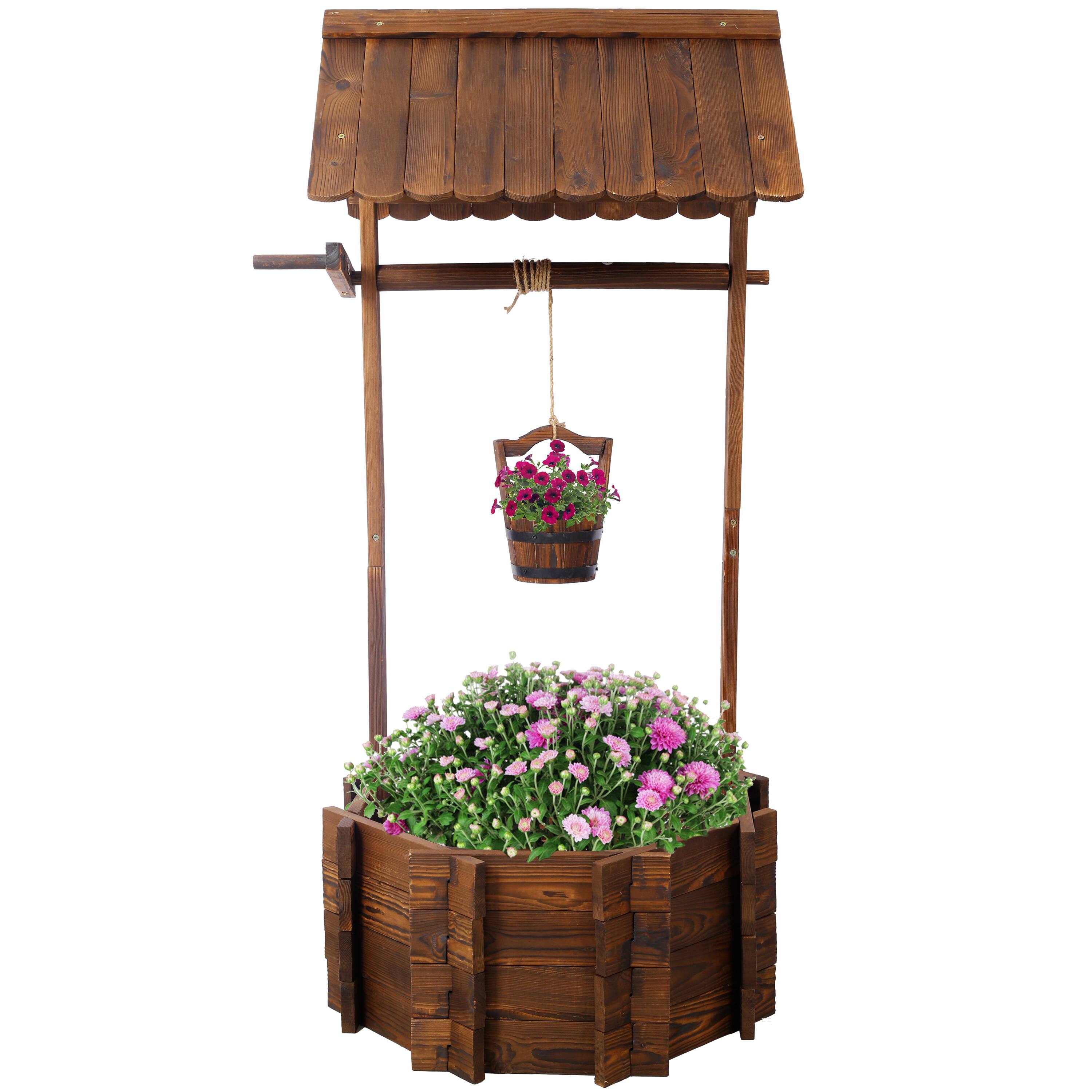 Alt View 8. GOODSILO - Rustic Wooden Wishing Well Planter for Garden and Patio Decor with Hanging Bucket and Protective Roof - Brown.
