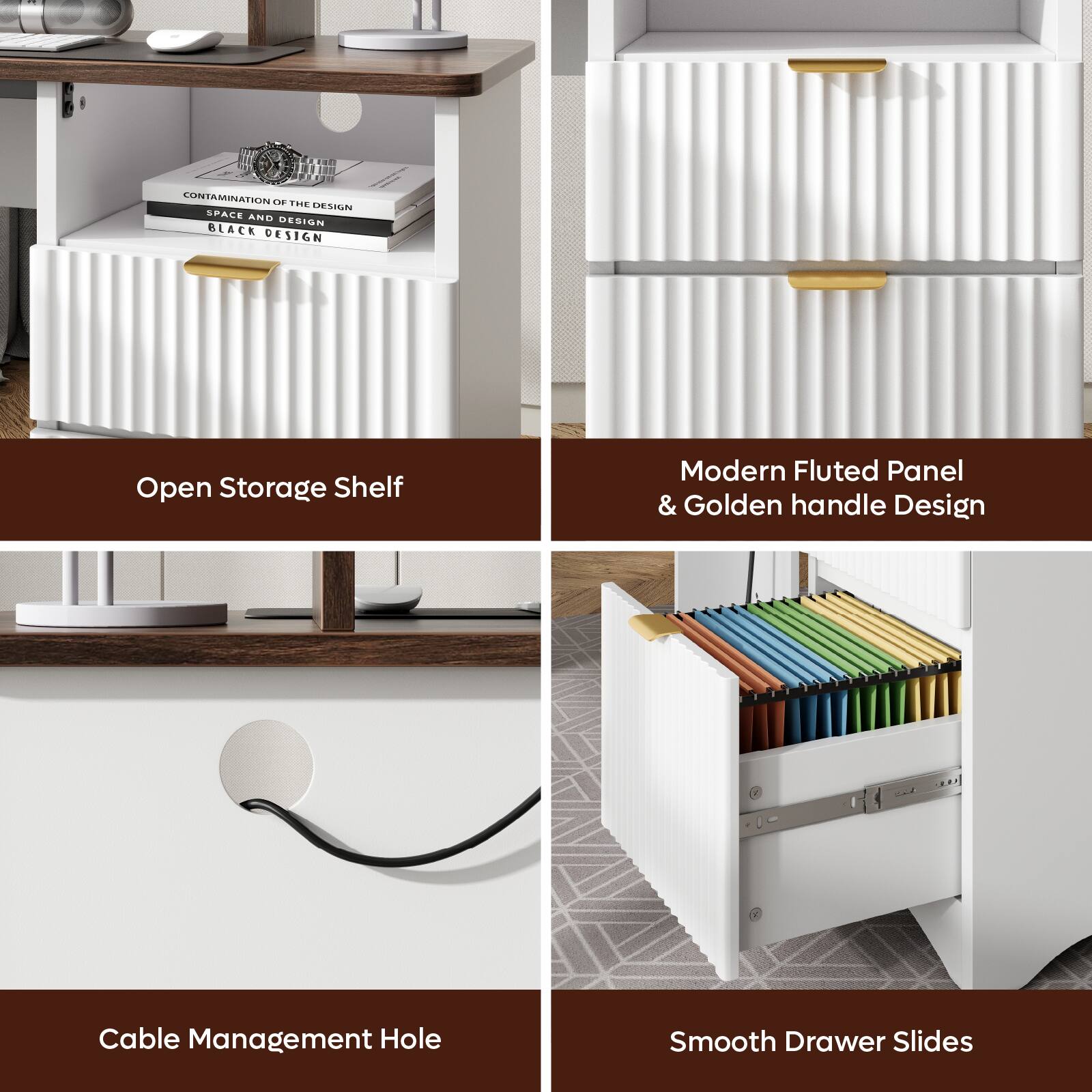 - Open Storage Shelf
- Modern Fluted Panel & Golden Handle Design
- Cable Management Hole
- Smooth Drawer Slides