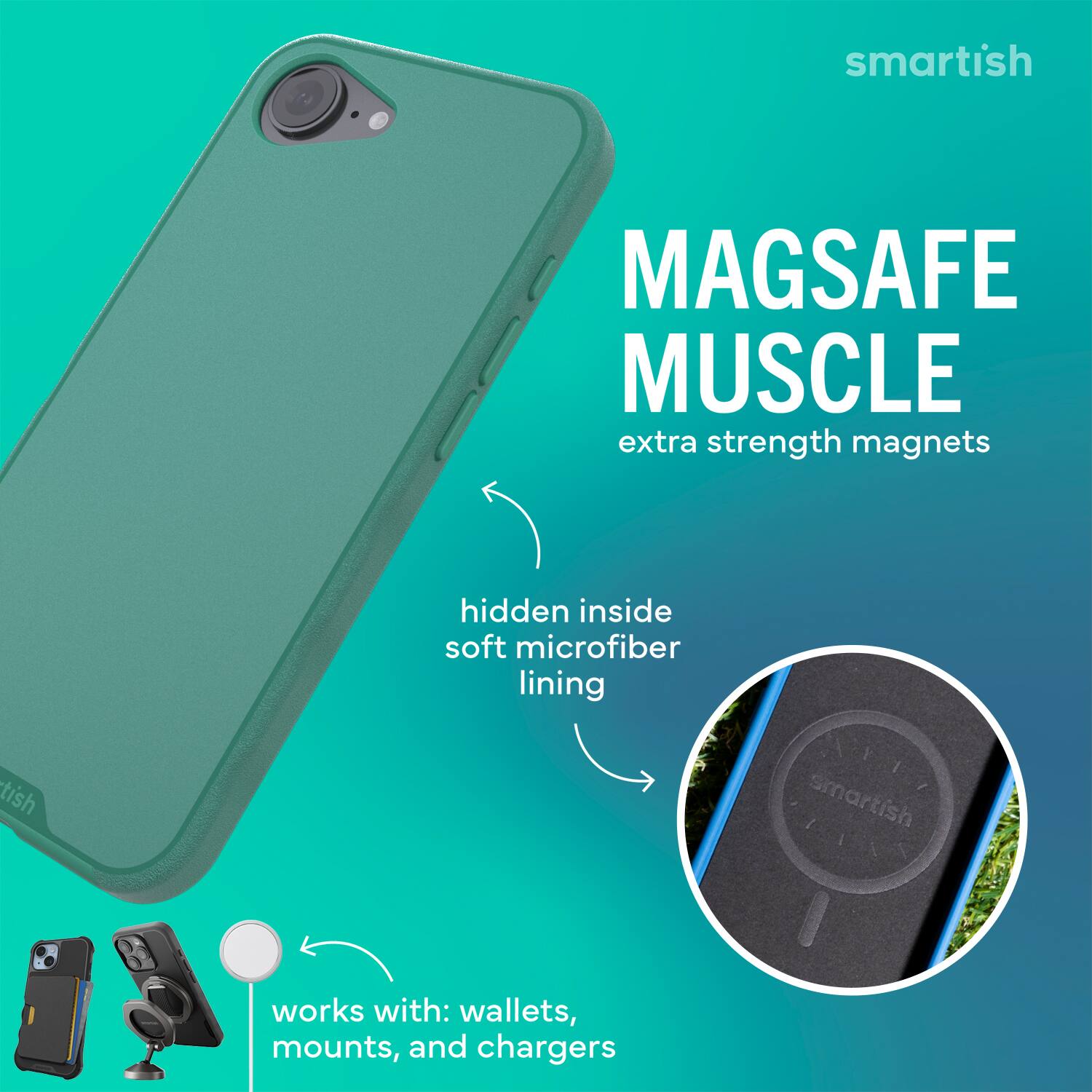 smartish MAGSAFE MUSCLE extra strength magnets hidden inside soft microfiber lining

smartish works with: wallets, mounts, and chargers