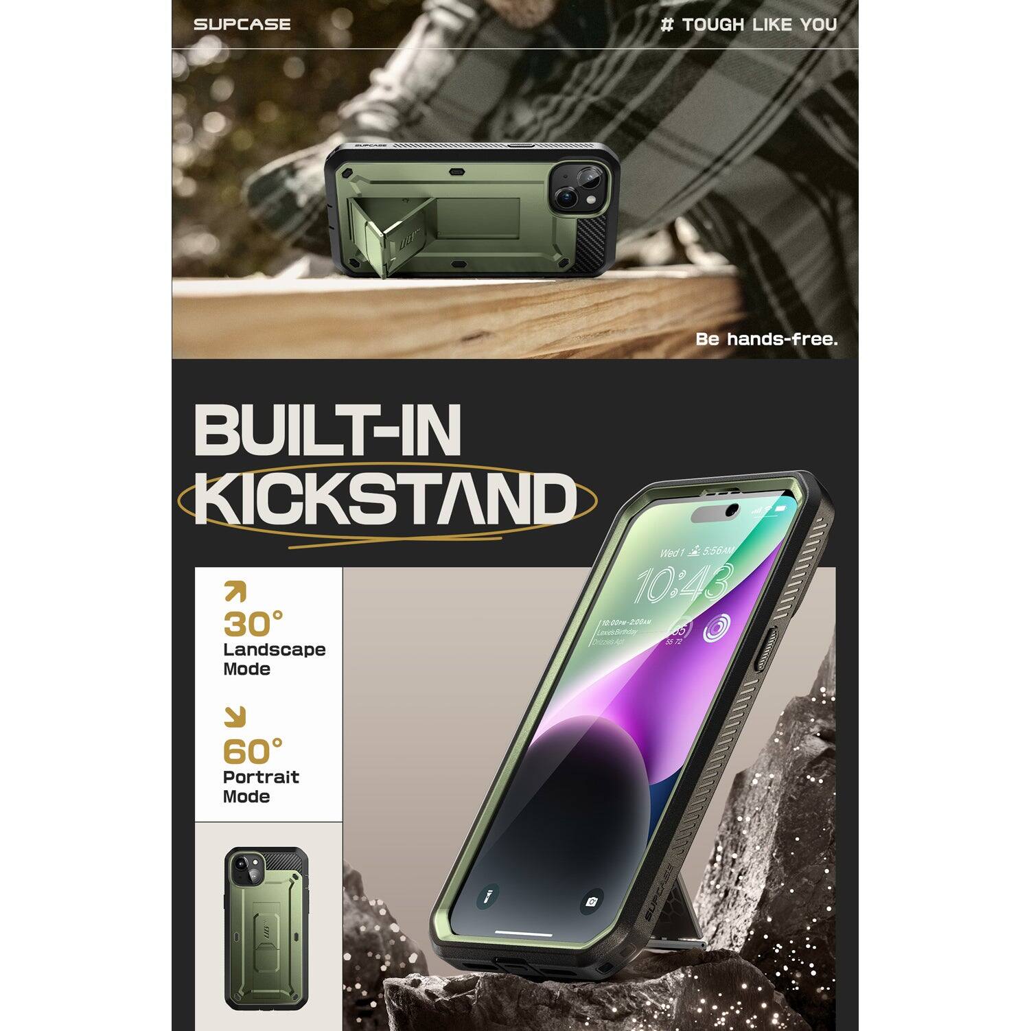 SUPCASE  
# TOUGH LIKE YOU  

Be hands-free.  

BUILT-IN KICKSTAND  

30°  
Landscape Mode  

60°  
Portrait Mode  

Wed 1, 5:56 PM  
10:43  
10:00 PM 2008  
Landscape Mode