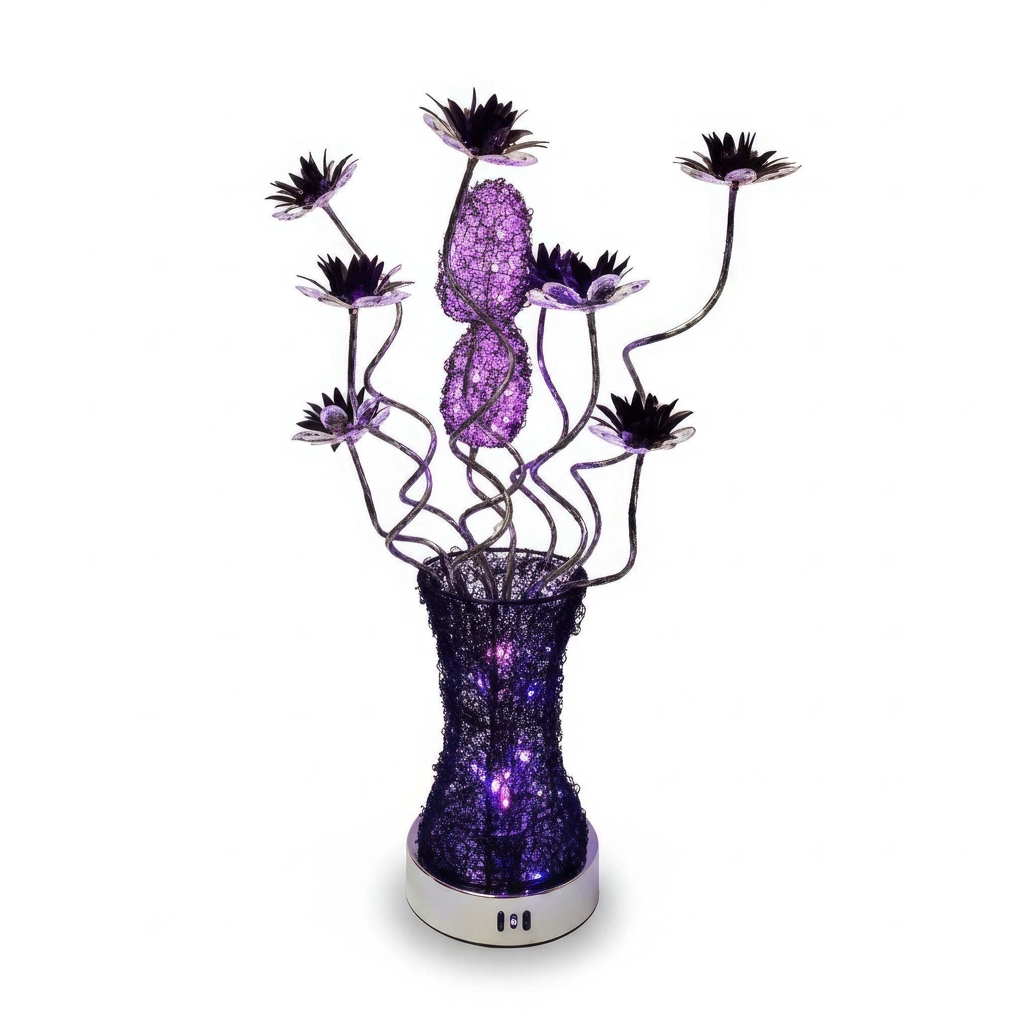 Angle. FC Design - 24"H Black Textured Vase & Floral Stem Purple Changing Light Table Lamp.
