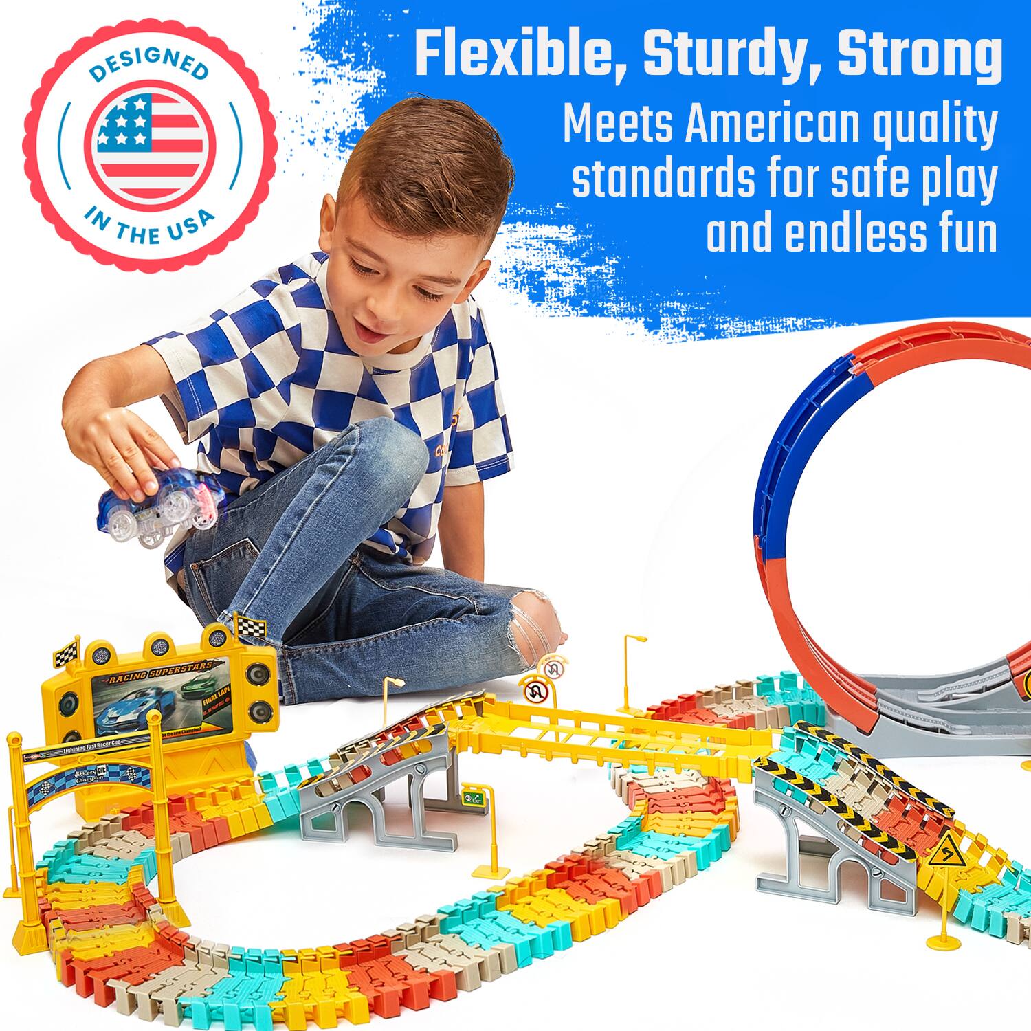 DESIGNED IN THE USA

Flexible, Sturdy, Strong  
Meets American quality standards for safe play and endless fun