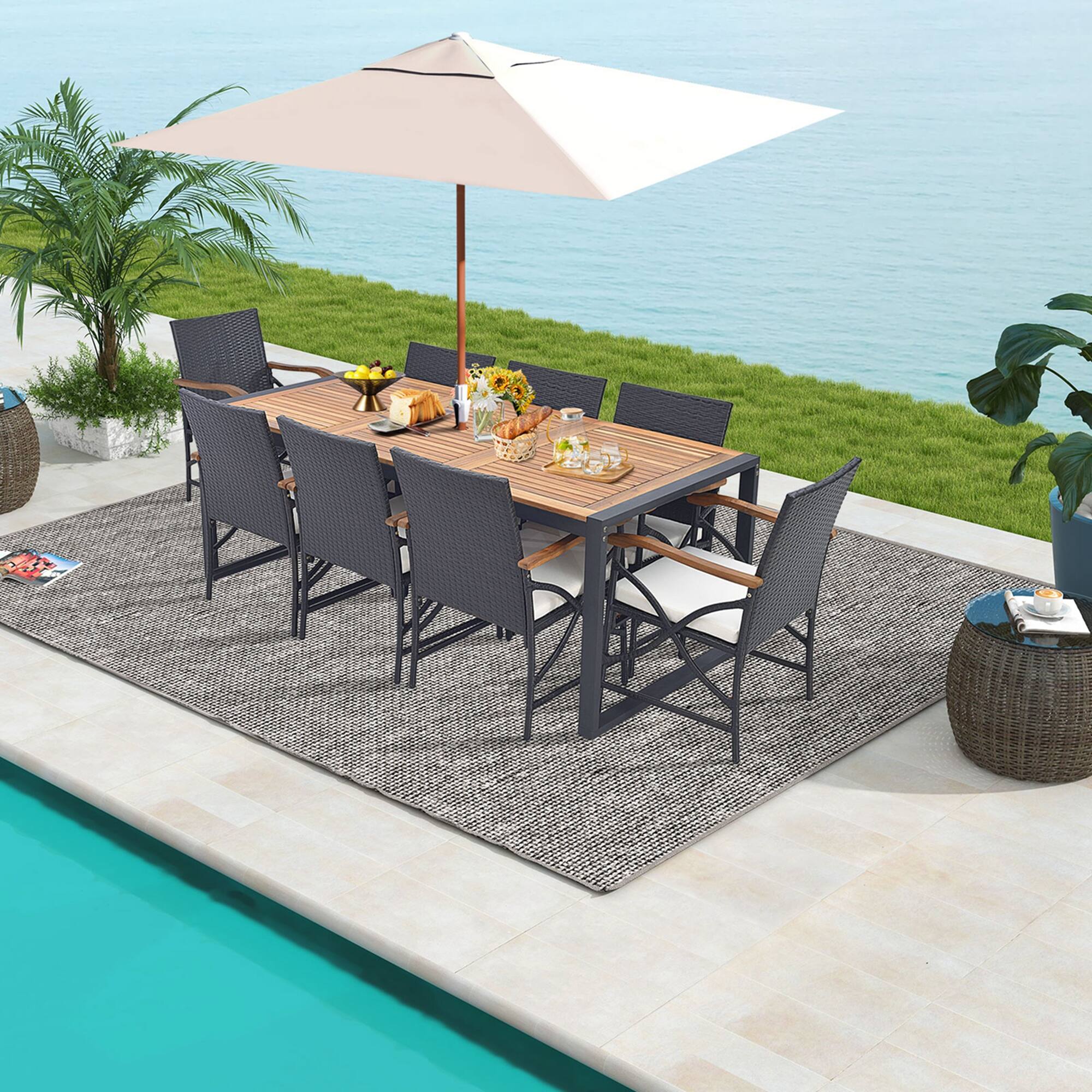 Alt View 3. Costway - 9 Pieces  Patio Rattan Dining Set with Acacia Wood Table, 1.9" Umbrella Hole - Mix Brown + Off White.