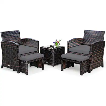 Front. Gymax - Gymax 5PCS Rattan Patio Furniture Set Chair & Ottoman Set w/ Grey Cushions - Grey.