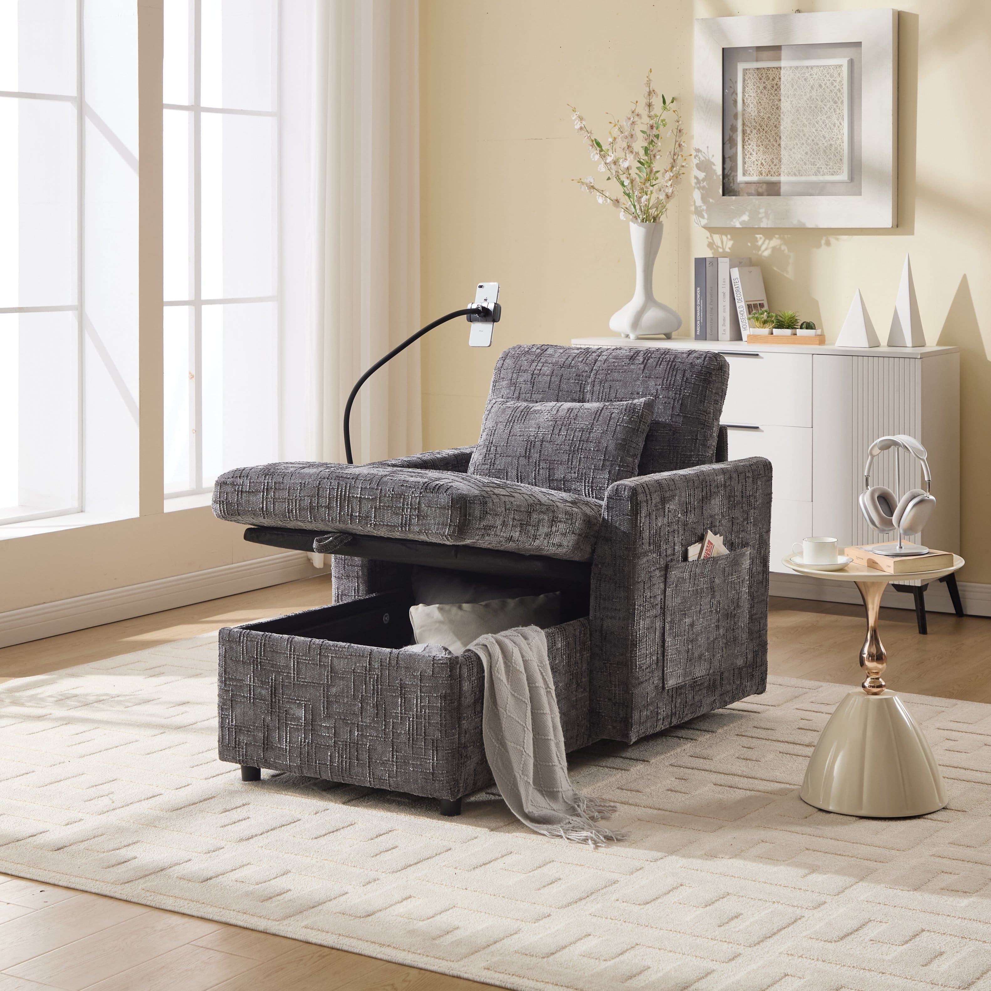 Trinkets Crazed - Lazy Person Sofa Couch, Multifunctional Chenille Single Leisure Chair with Storage Backrest, Cell Phone Bracket - Gray