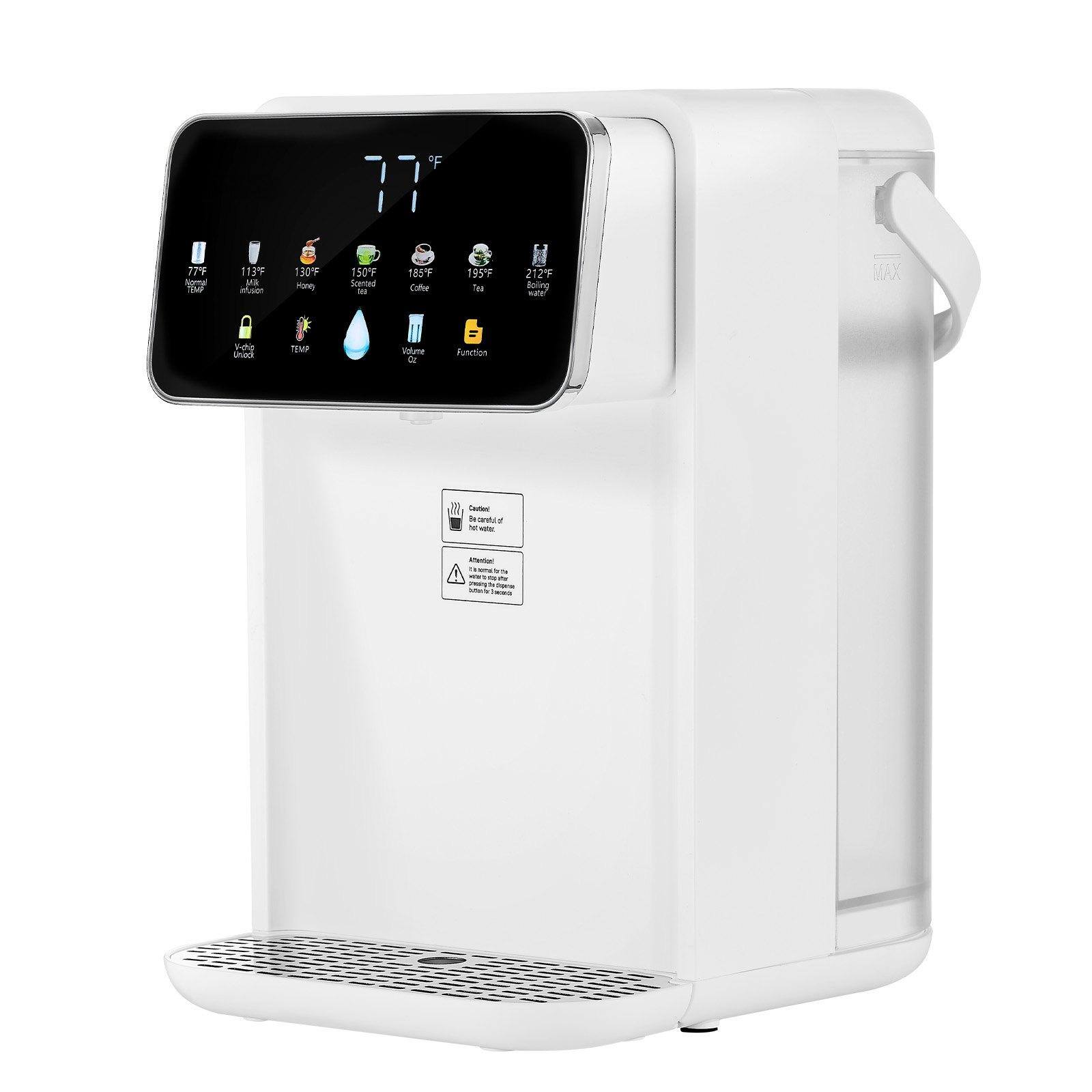 Sure, here is the corrected and grouped text from the image:

**Temperature Settings:**
- 77°F: Milk
- 113°F: Honey
- 130°F: Honey
- 150°F: Scalding
- 165°F: Coffee
- 195°F: Tea
- 212°F: Boiling

**Additional Settings:**
- Lock
- Temp
- Volume (6 oz)
- Function

**Warning:**
- Caution: Be careful of hot water.
- Attention: It is warm to the touch. Be careful when touching the dispenser.

**Note:**
- MAX 110° Temp

**Function:**
- Canten & Antic