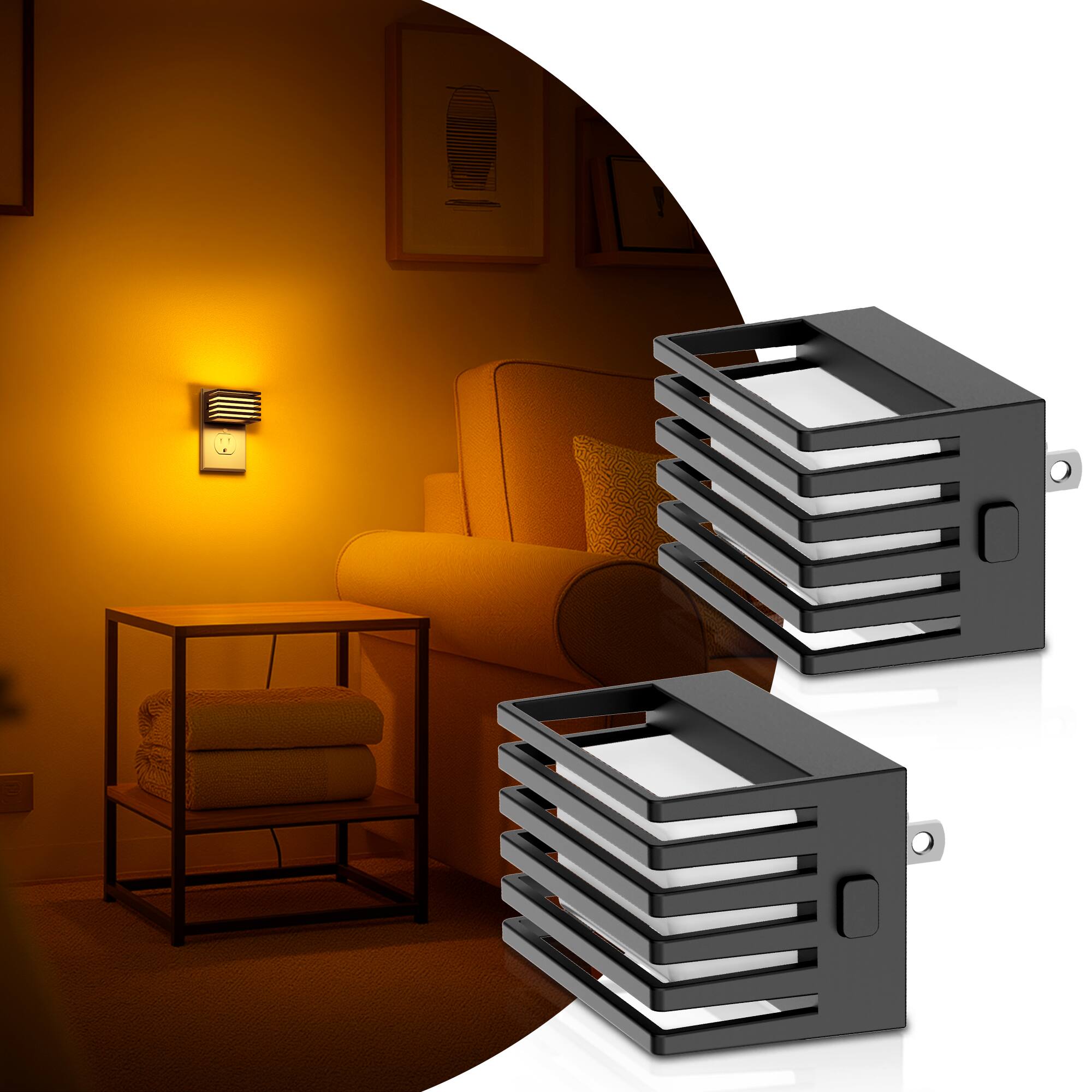 Angle. Jandcase - JANDCASE 2-Pack 1W  Plug-in Night Light, Amber Glow, Up/Down Light, 3-Step Dimming, Color Memory, Dusk-to-Dawn - Black.